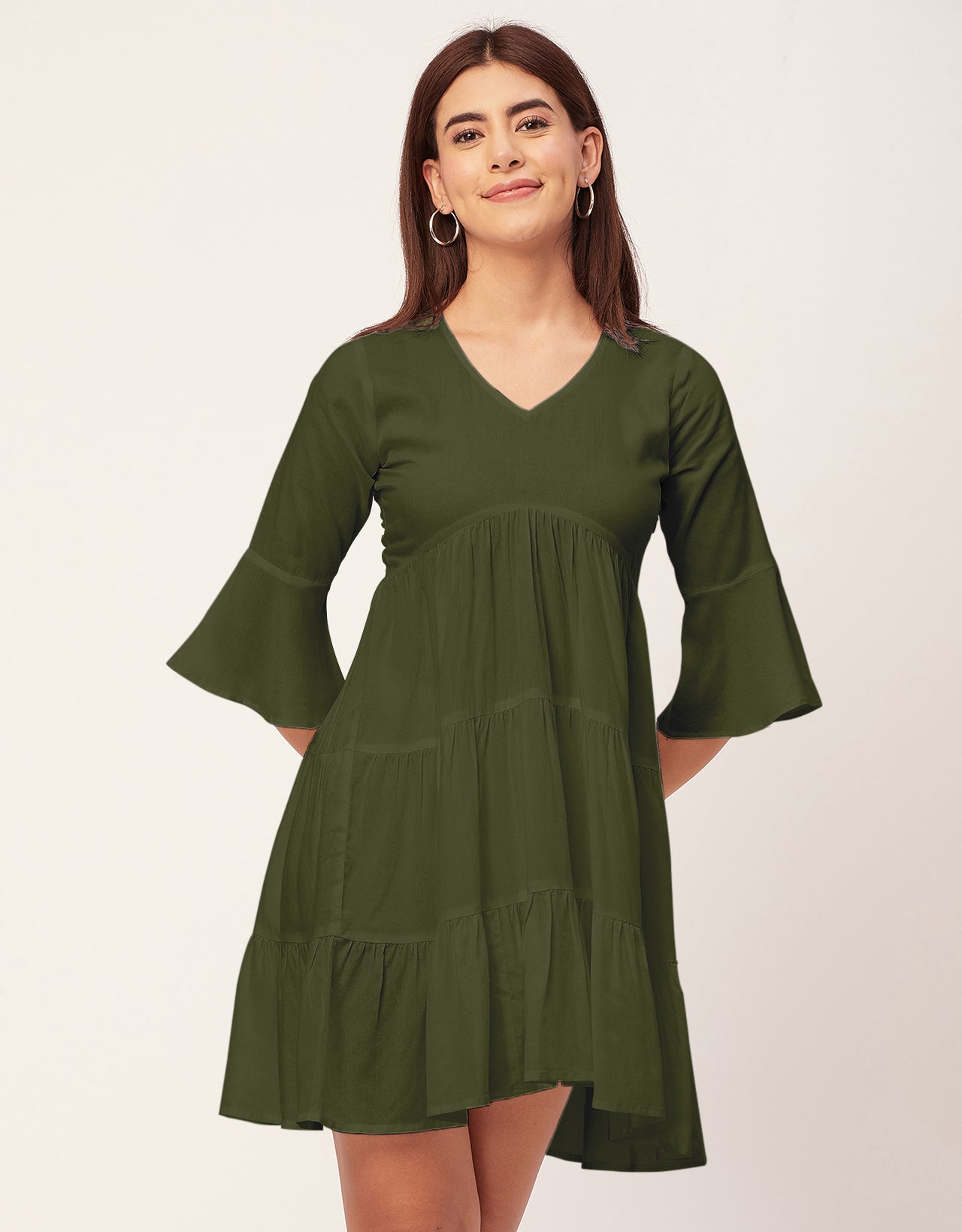 Women Trendy V Neck Solid Rayon Dress