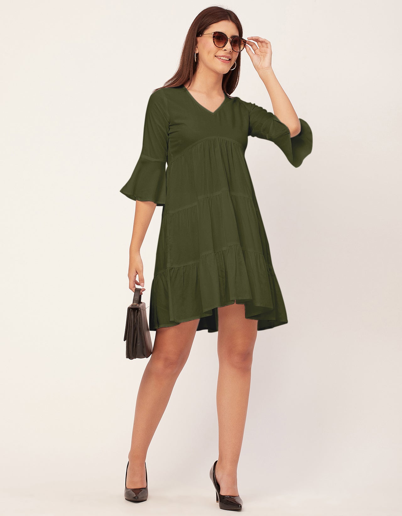 Women Trendy V Neck Solid Rayon Dress