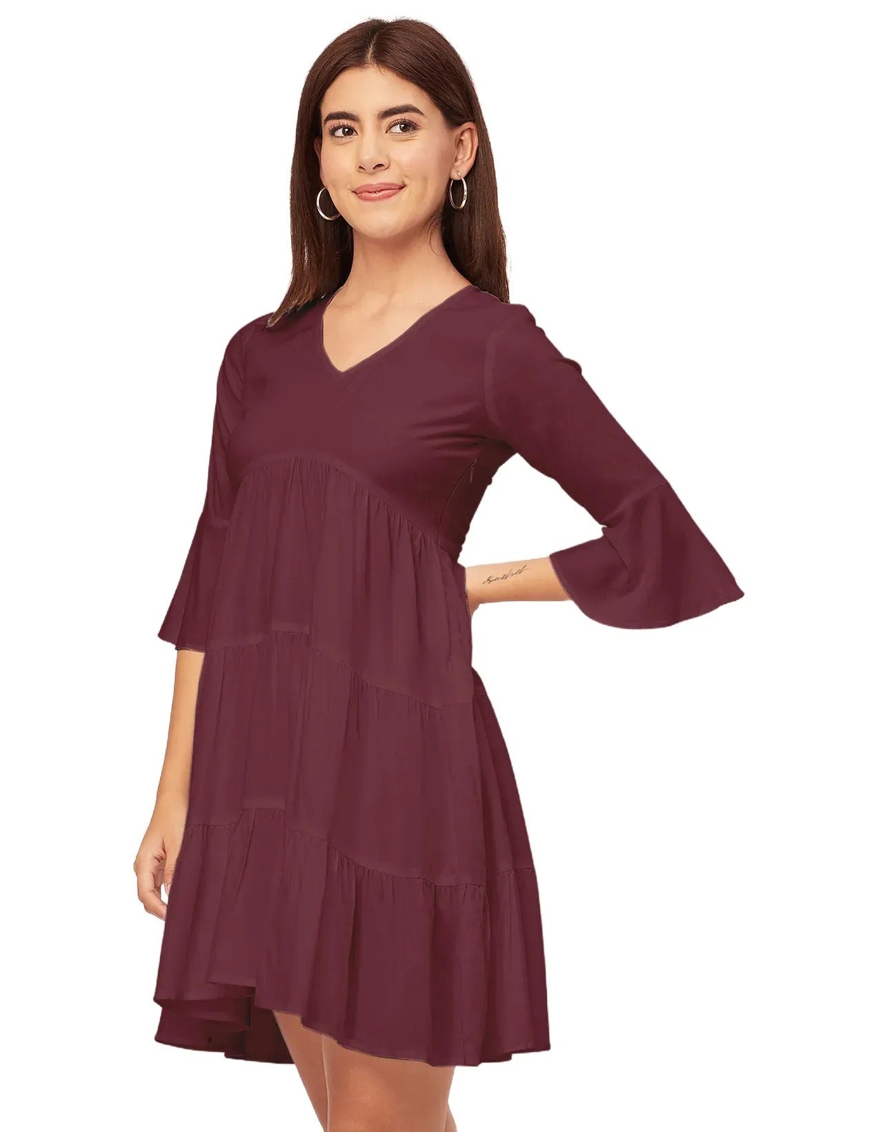 Women Trendy V Neck Solid Rayon Dress