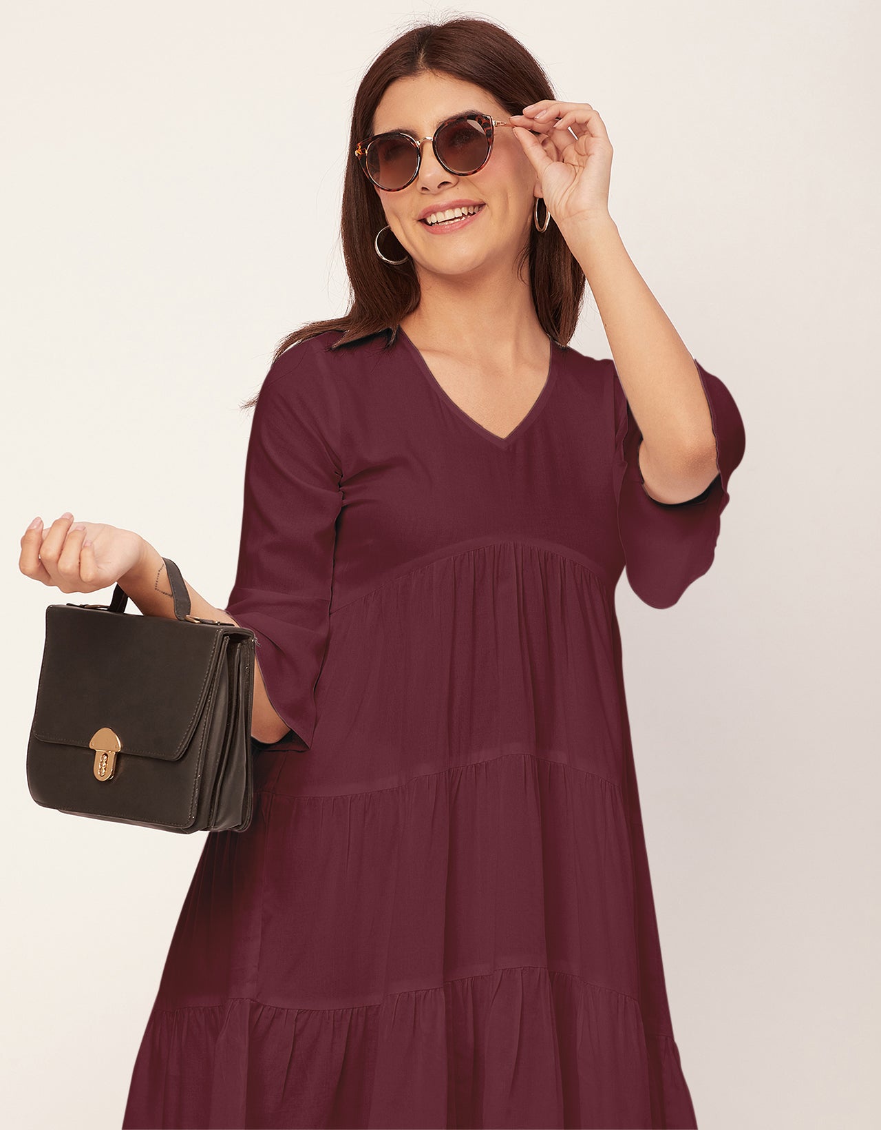 Women Trendy V Neck Solid Rayon Dress