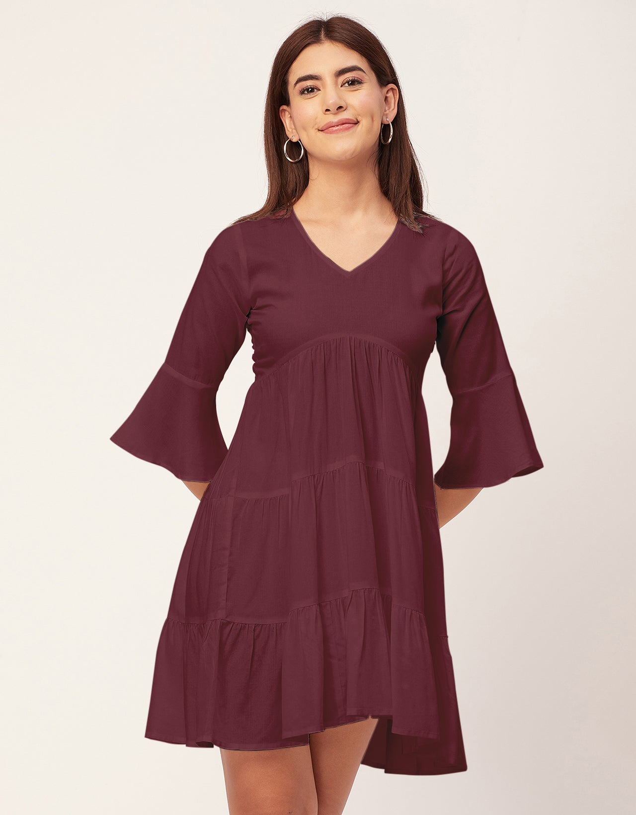 Women Trendy V Neck Solid Rayon Dress