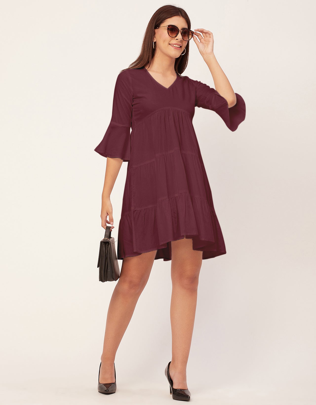Women Trendy V Neck Solid Rayon Dress