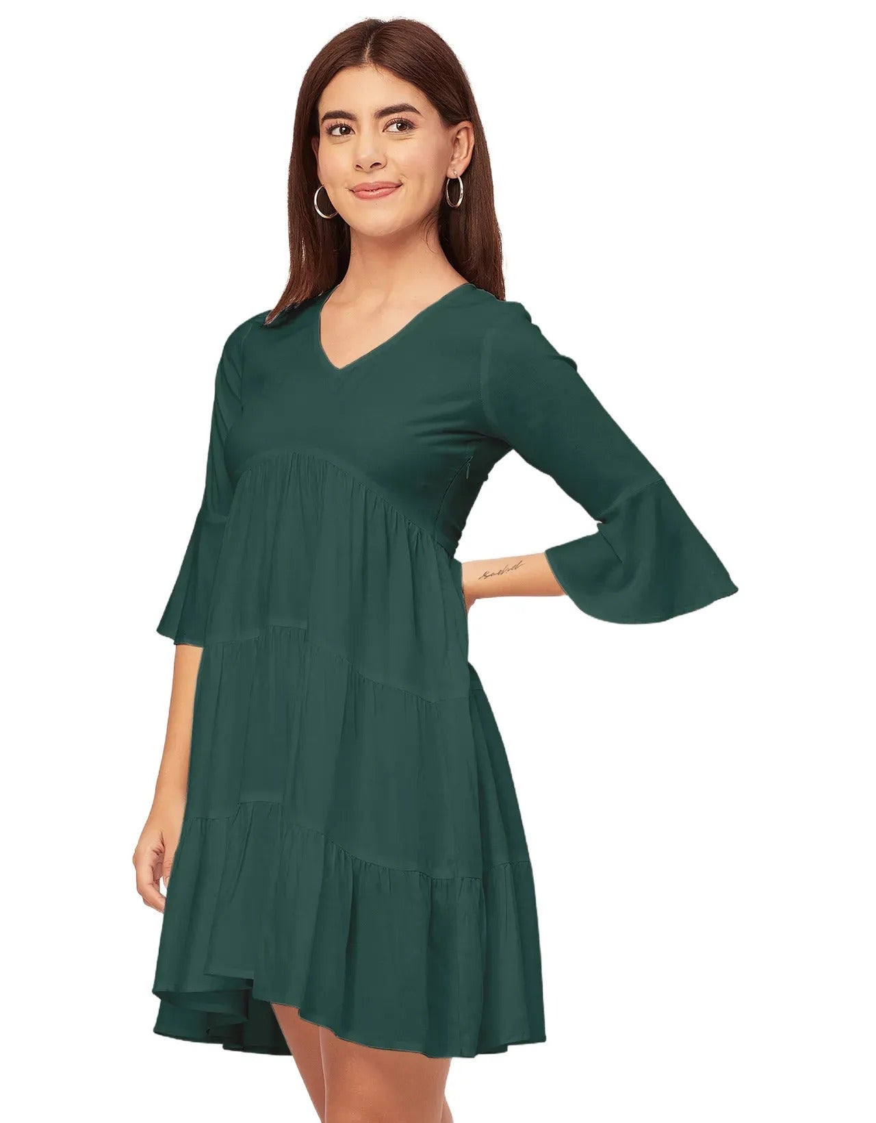 Women Trendy V Neck Solid Rayon Dress