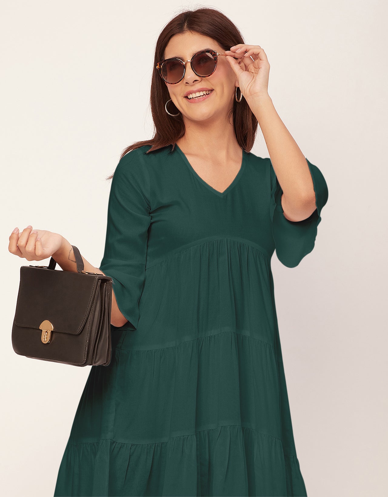 Women Trendy V Neck Solid Rayon Dress