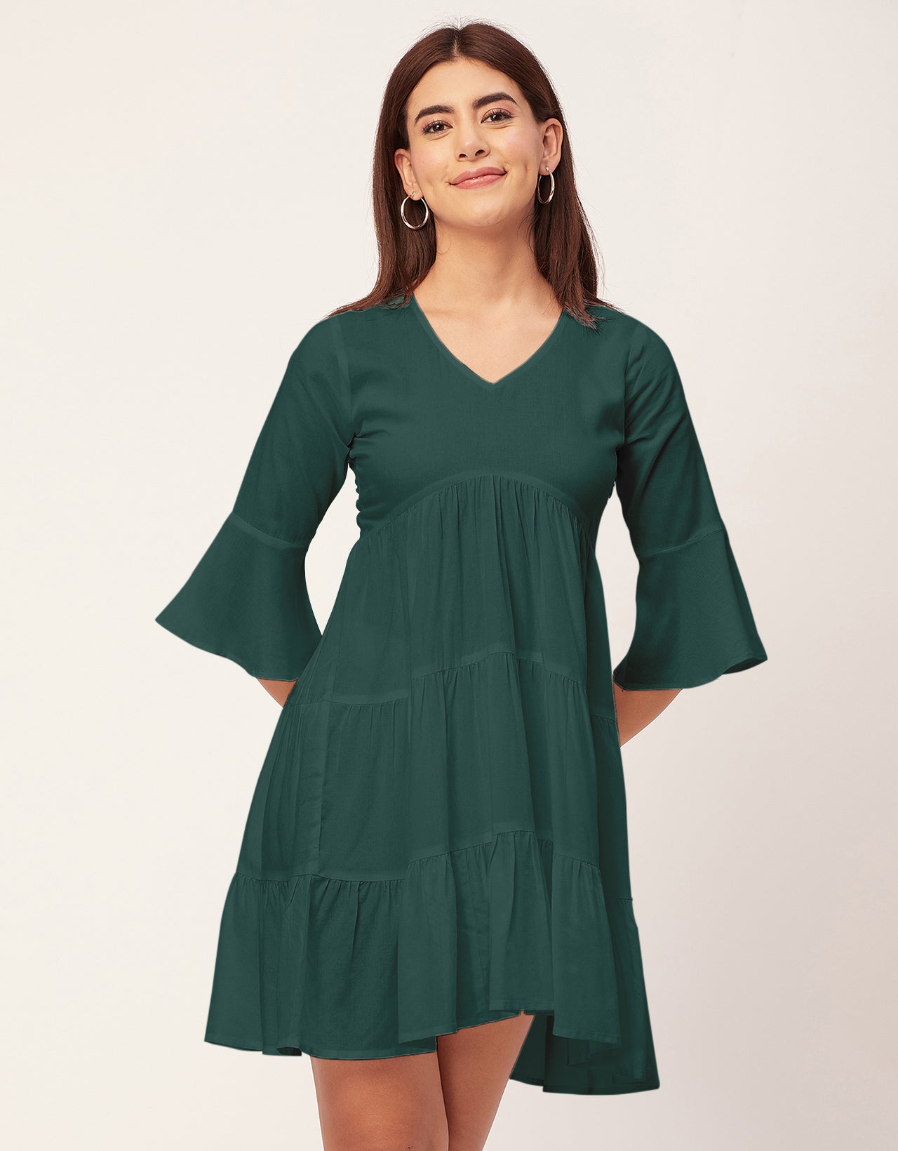 Women Trendy V Neck Solid Rayon Dress