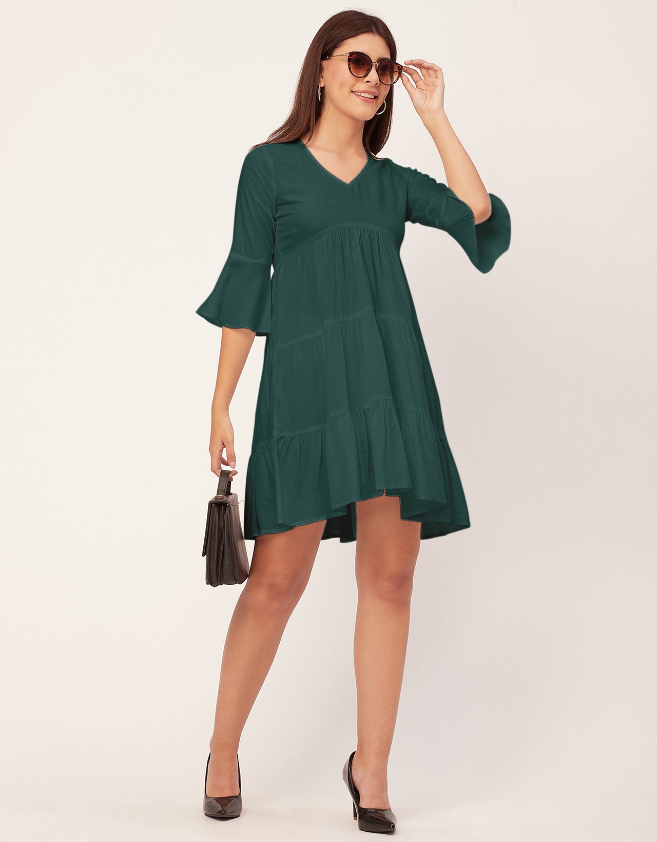 Women Trendy V Neck Solid Rayon Dress