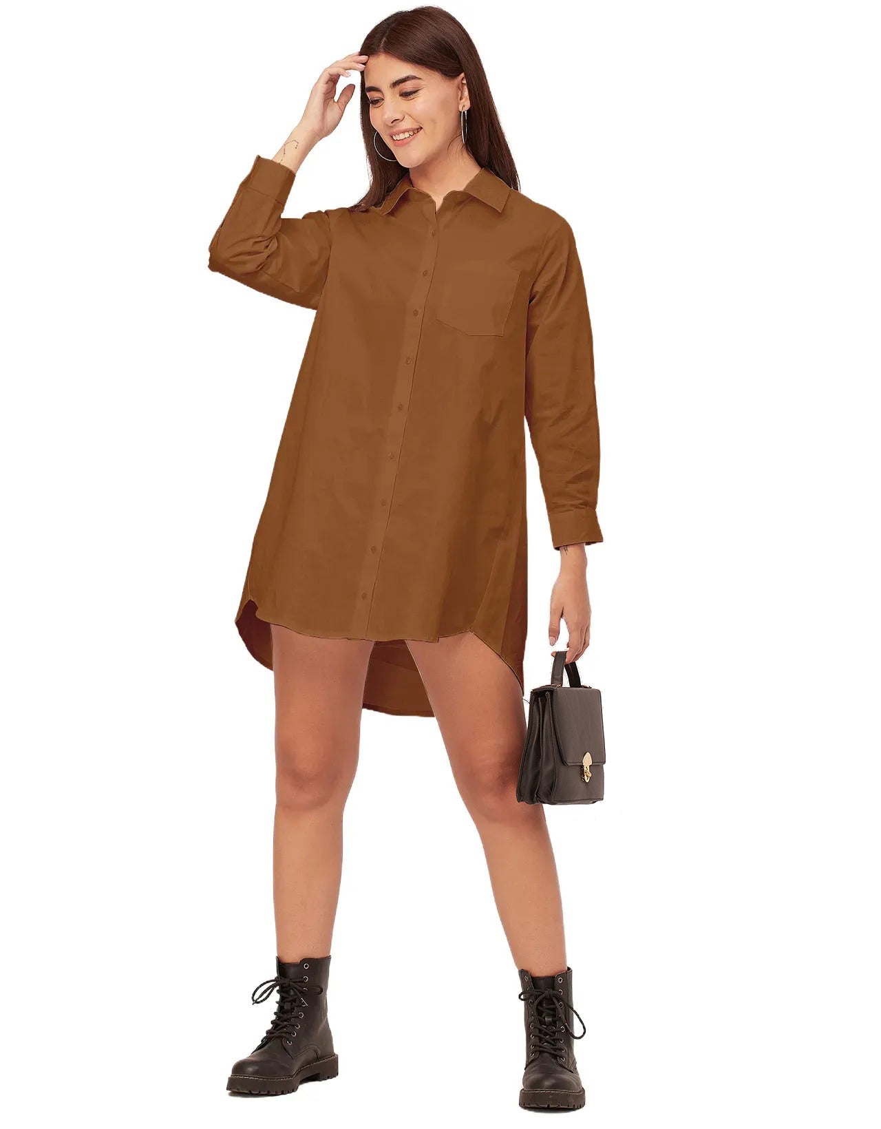 Women Classic Solid Cotton Shirt Dress