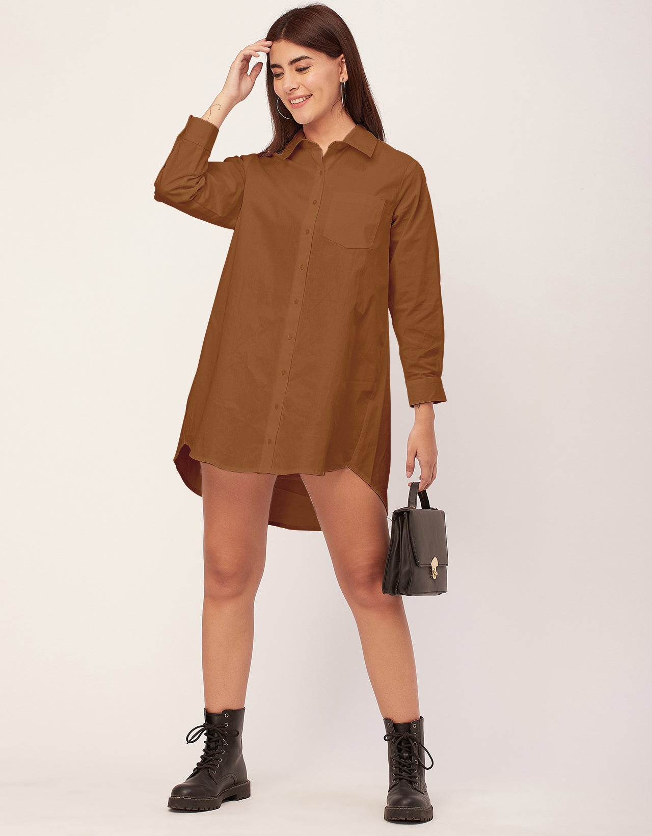 Women Classic Solid Cotton Shirt Dress