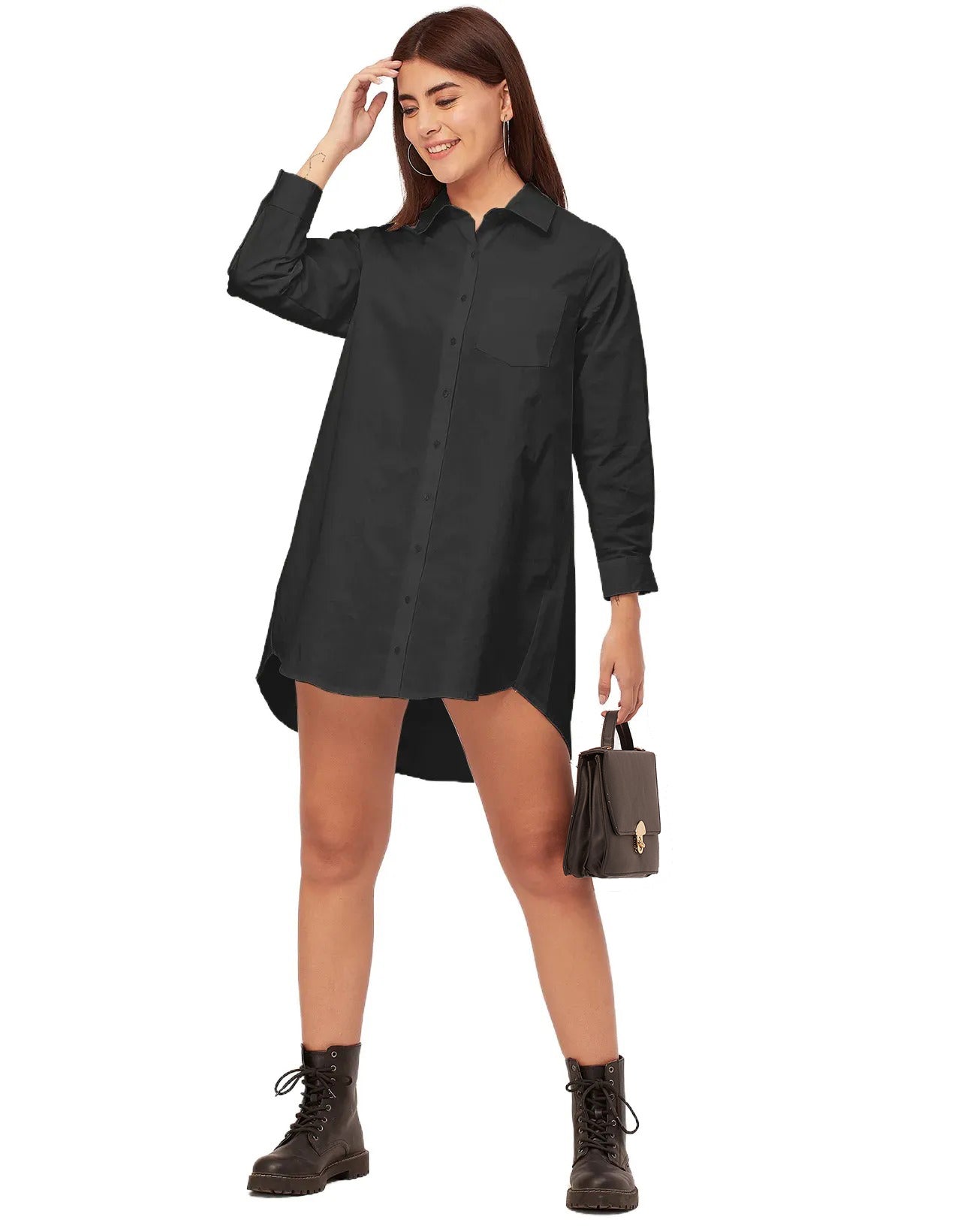 Women Classic Solid Cotton Shirt Dress