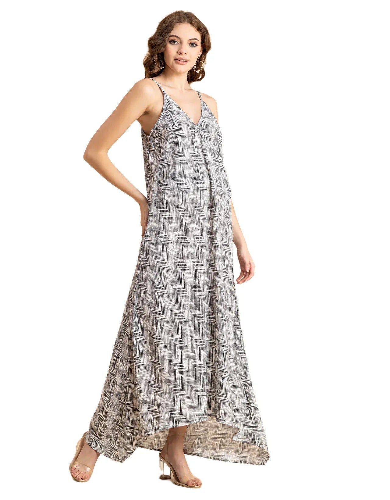 Sleeveless Geometric High Low Rayon Dress