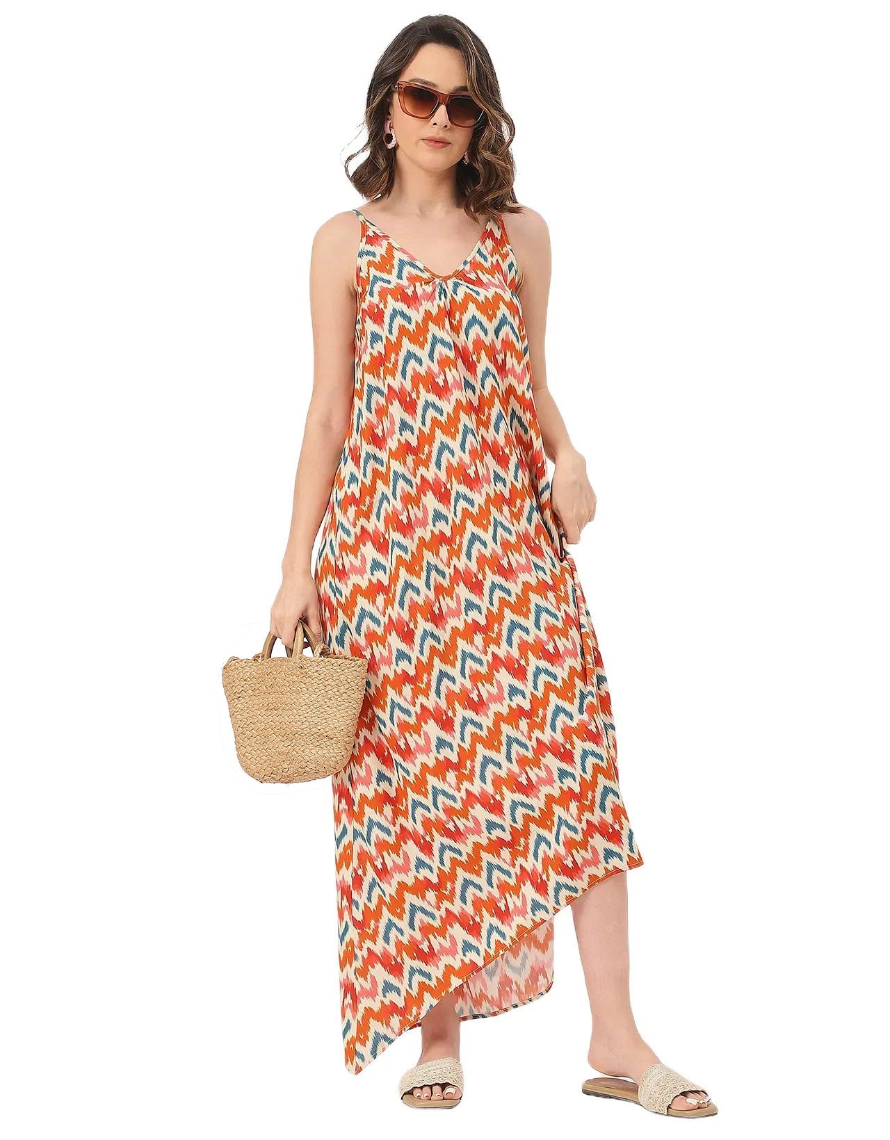 Sleeveless Geometric High Low Rayon Dress