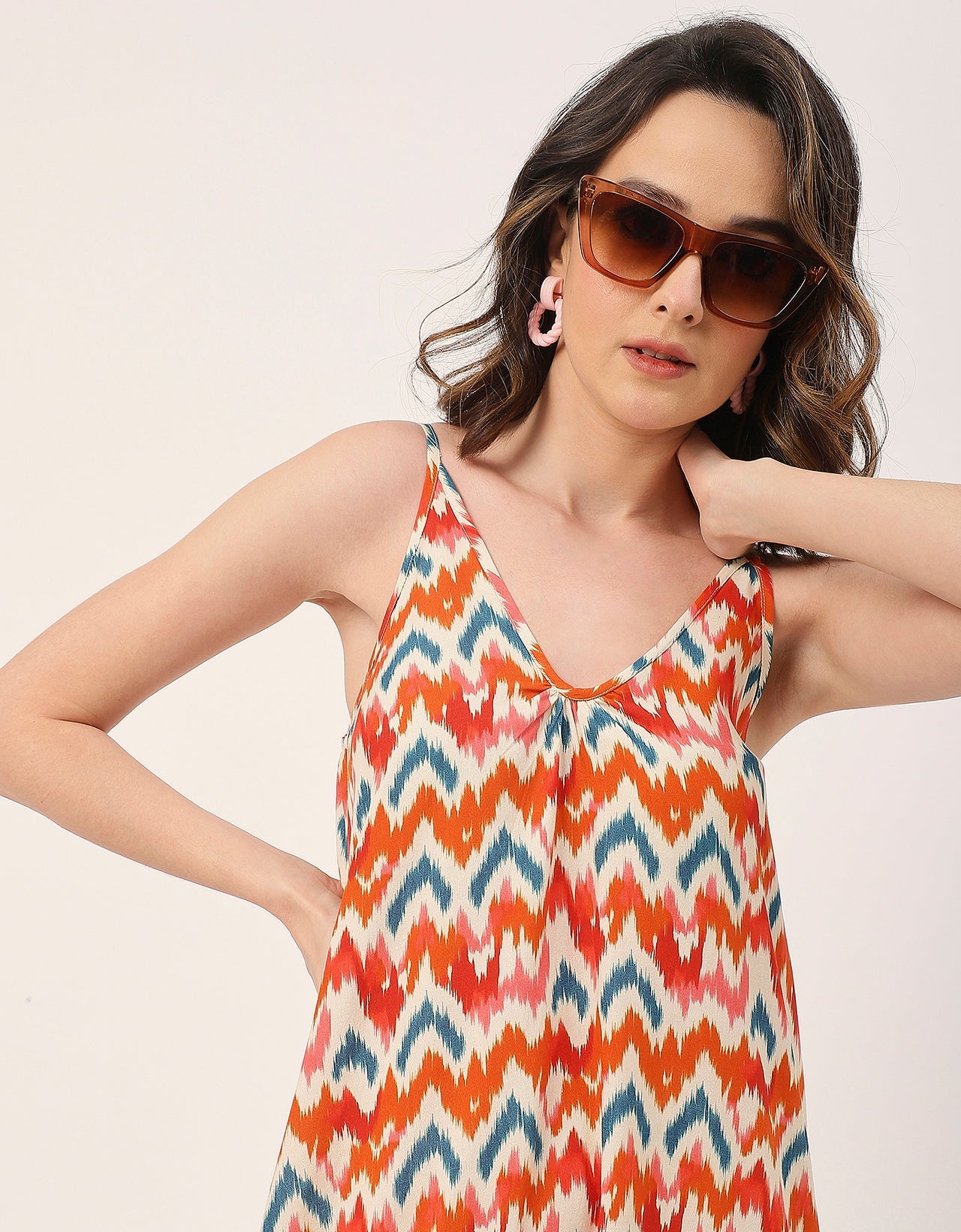 Sleeveless Geometric High Low Rayon Dress
