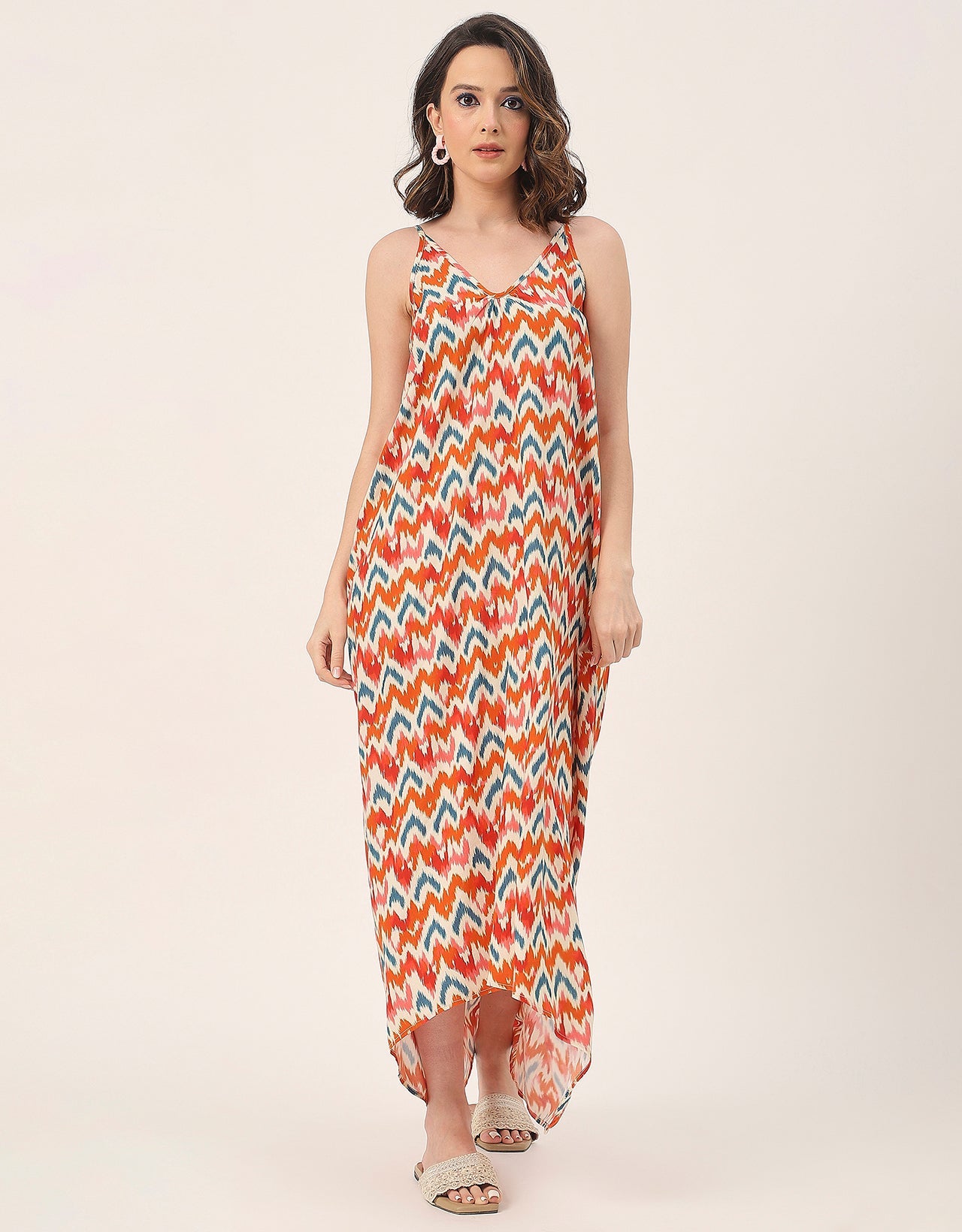 Sleeveless Geometric High Low Rayon Dress