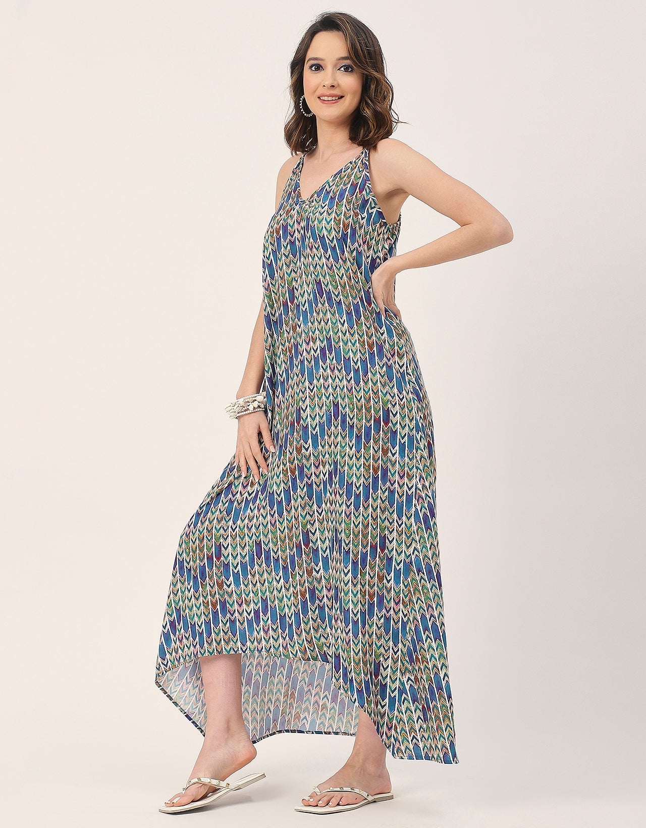 Sleeveless Geometric High Low Rayon Dress