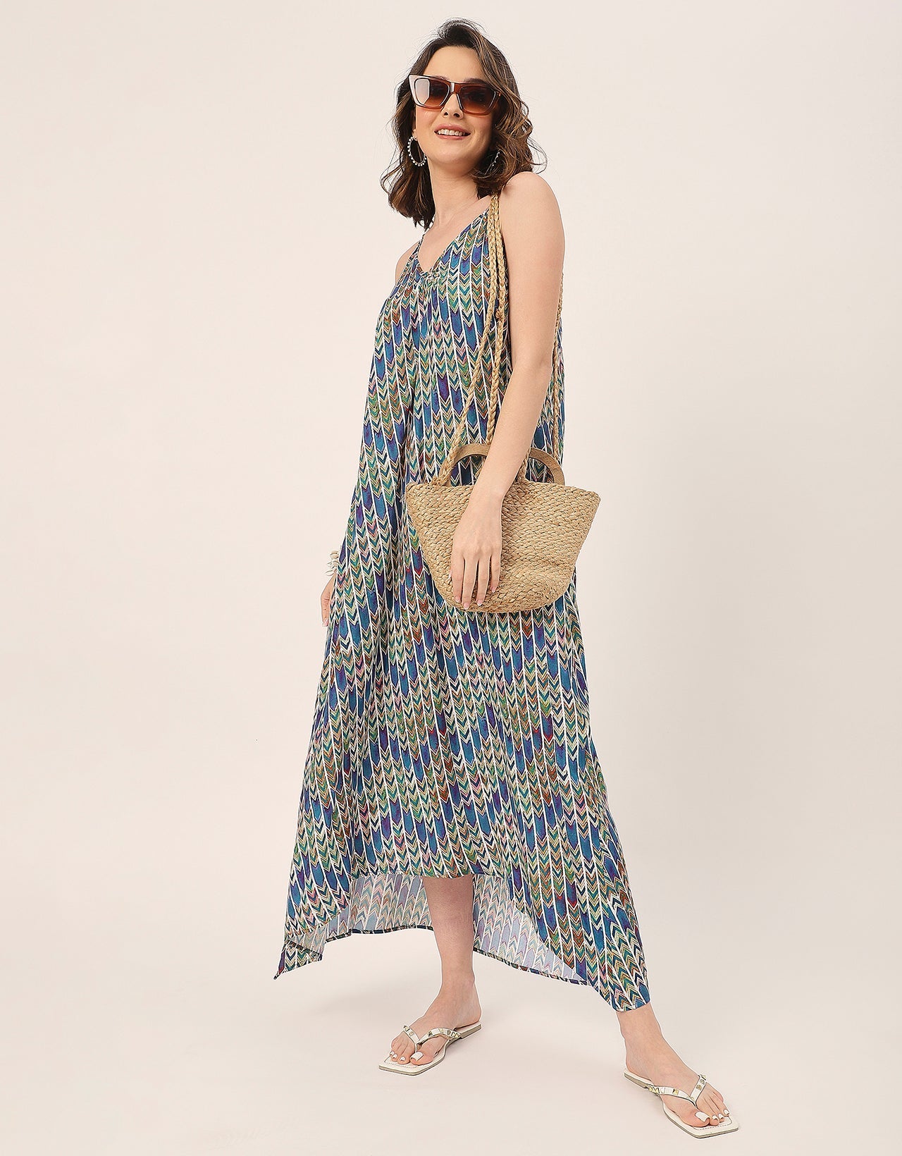Sleeveless Geometric High Low Rayon Dress