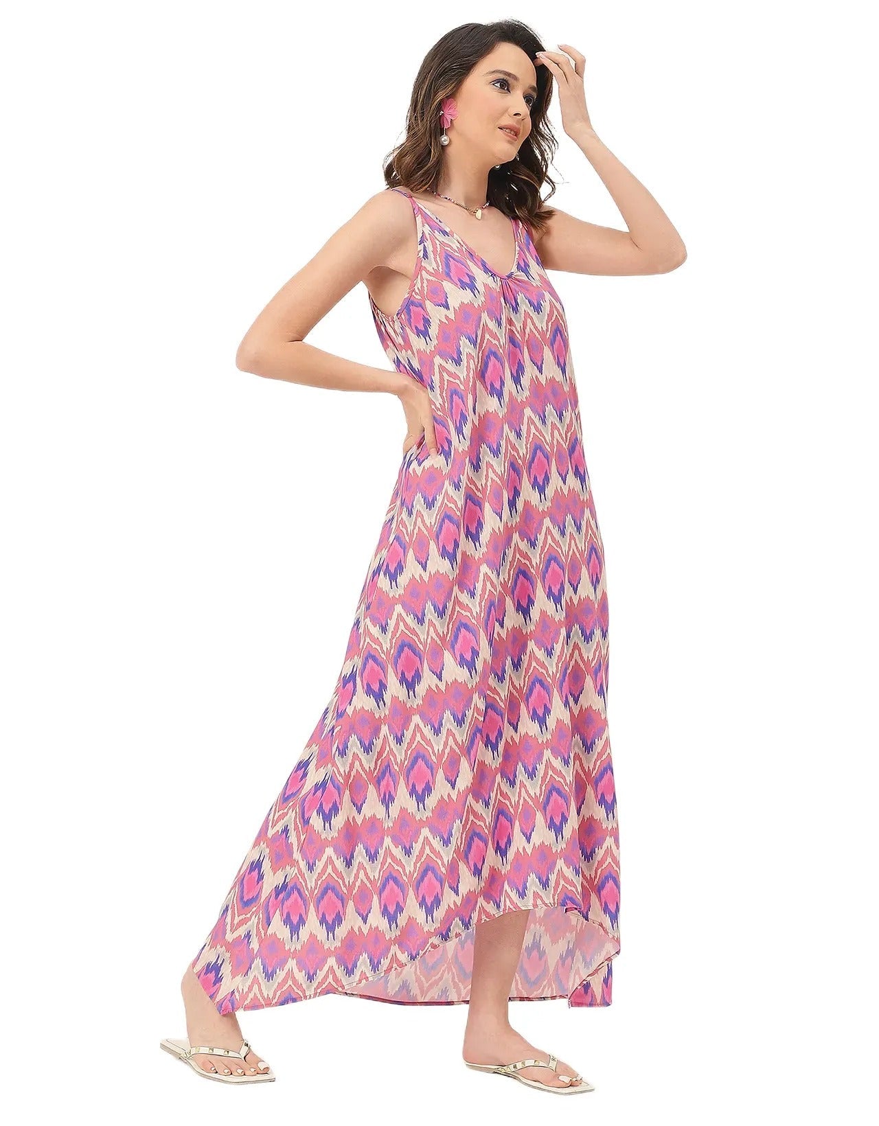 Sleeveless Geometric High Low Rayon Dress
