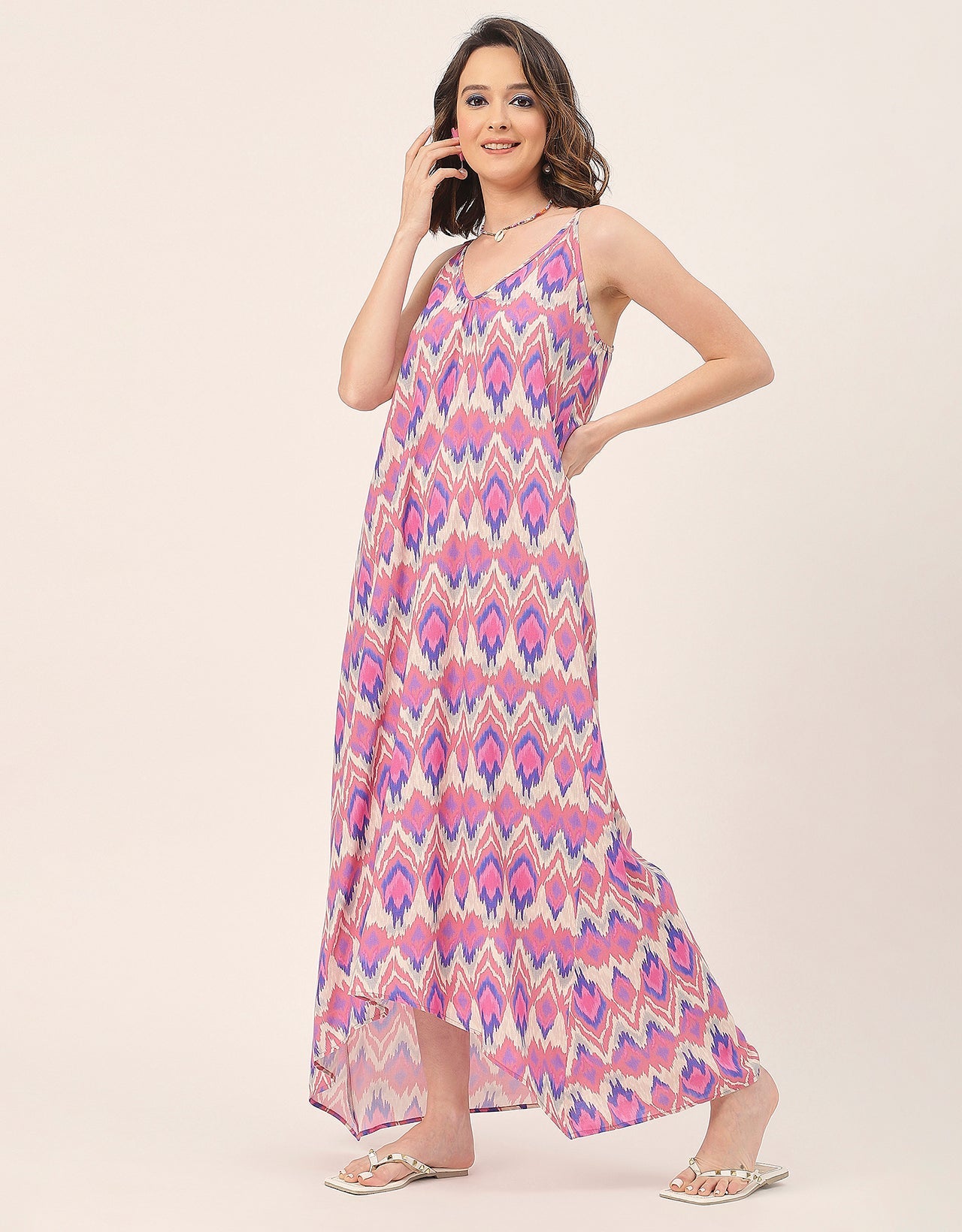 Sleeveless Geometric High Low Rayon Dress