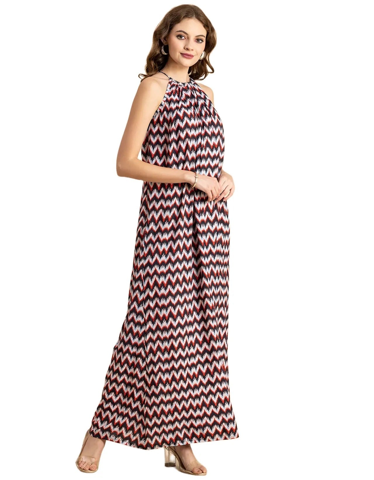 Stylish Sleeveless Ikat Halter Neck A-Line Rayon Dress
