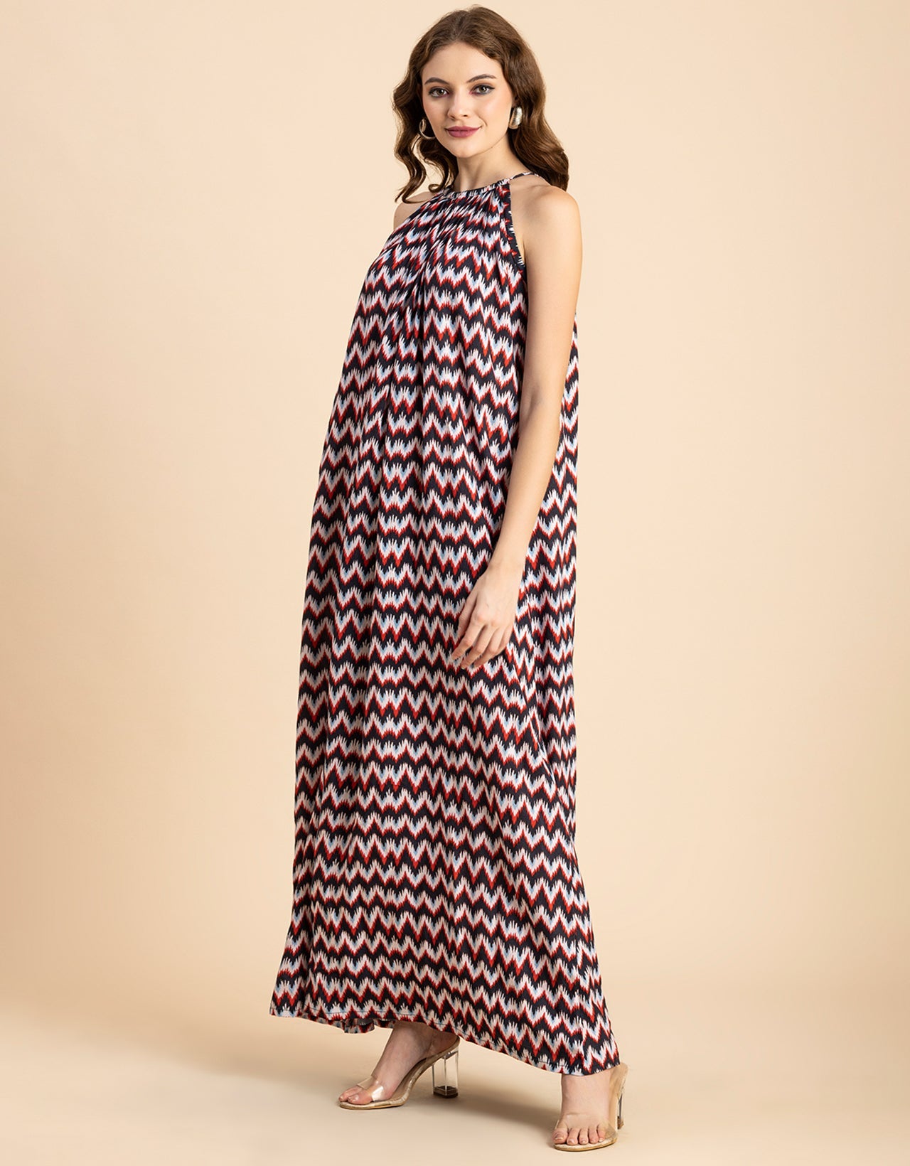 Stylish Sleeveless Ikat Halter Neck A-Line Rayon Dress