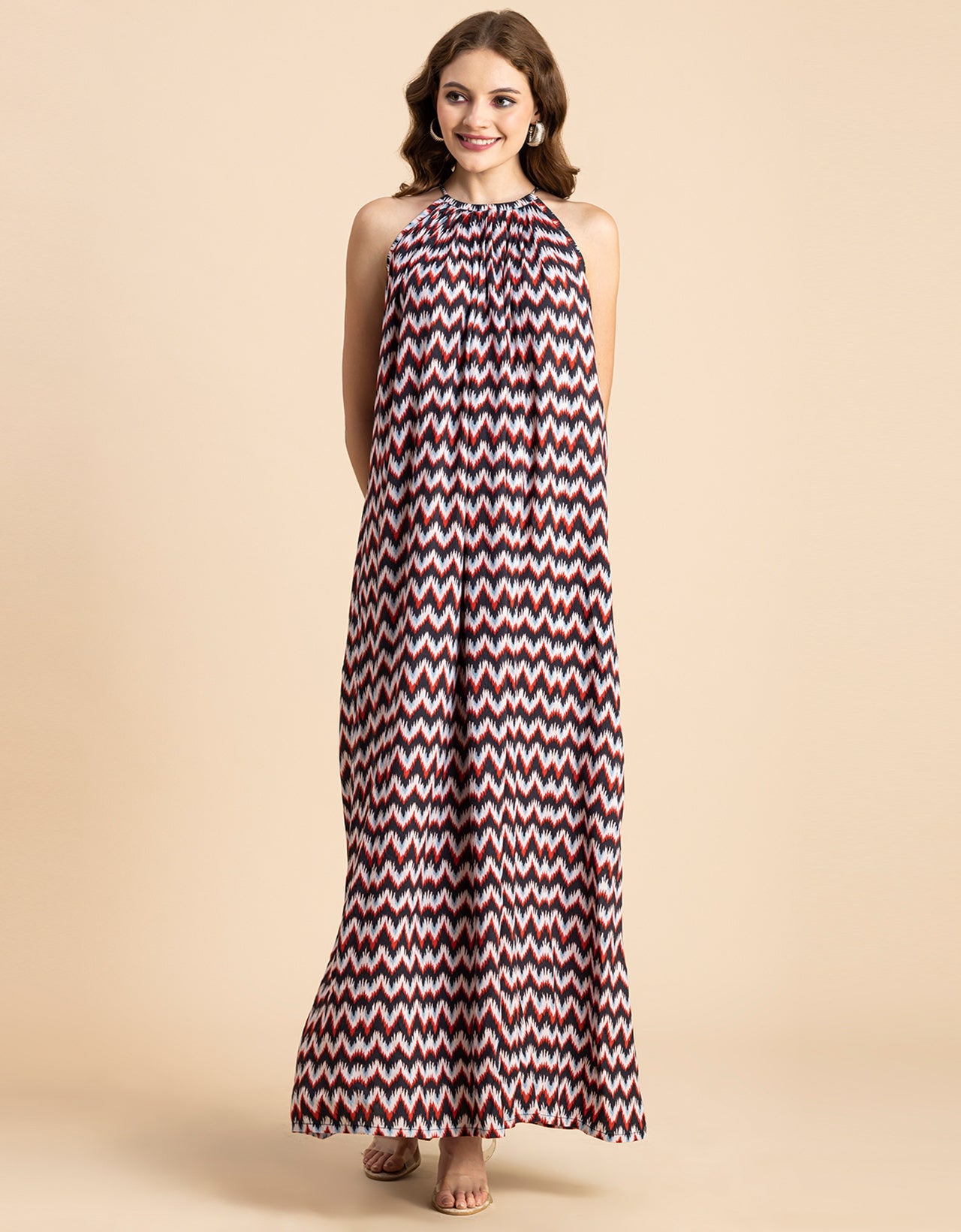 Stylish Sleeveless Ikat Halter Neck A-Line Rayon Dress