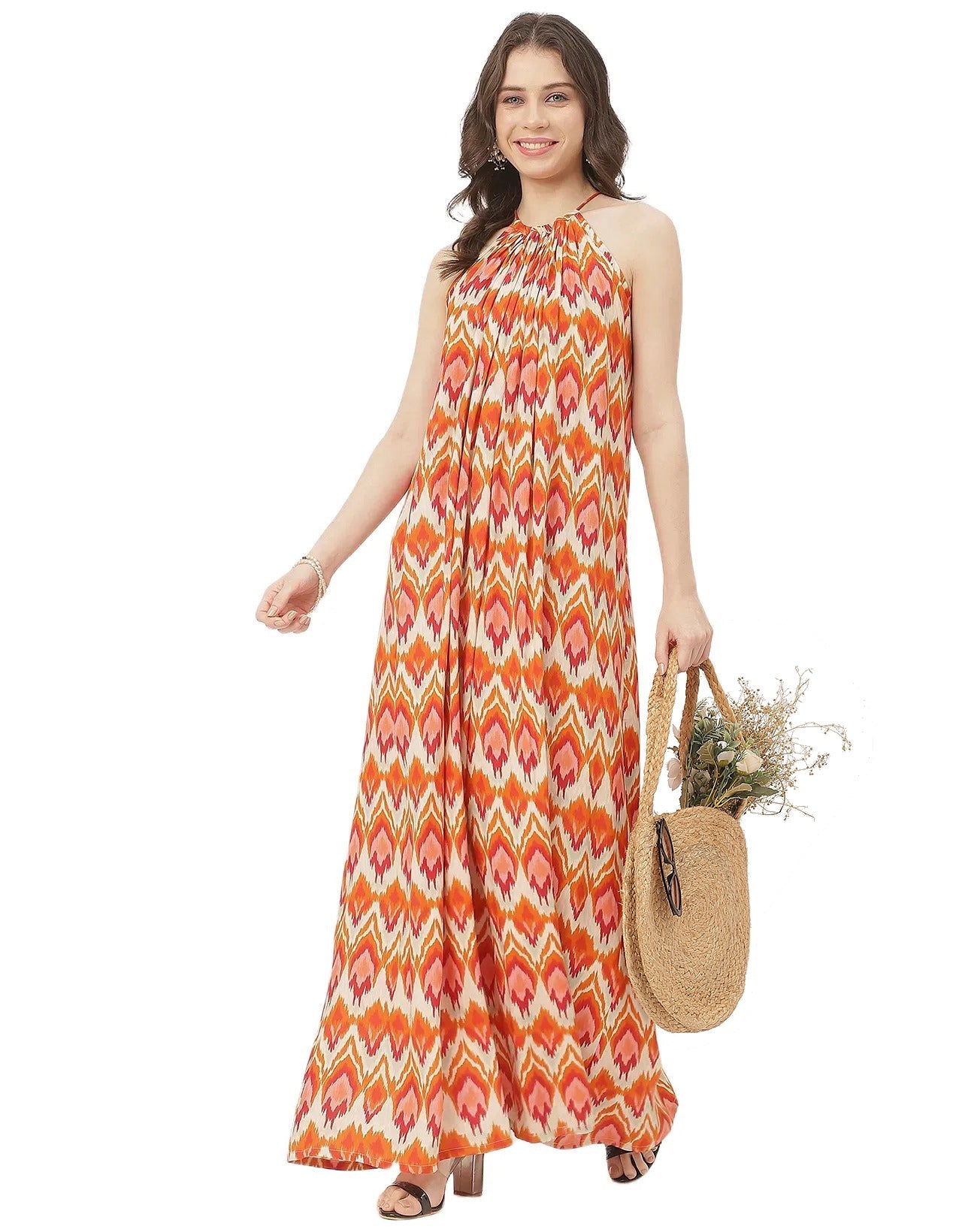 Stylish Sleeveless Ikat Halter Neck A-Line Rayon Dress