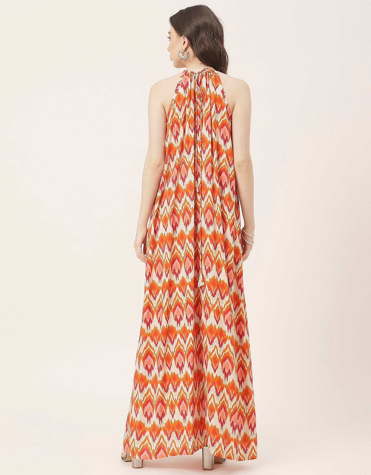 Stylish Sleeveless Ikat Halter Neck A-Line Rayon Dress