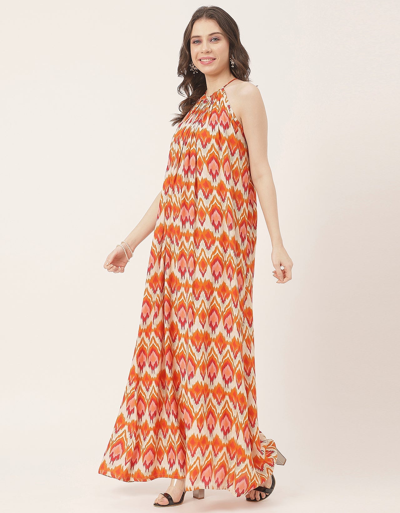 Stylish Sleeveless Ikat Halter Neck A-Line Rayon Dress