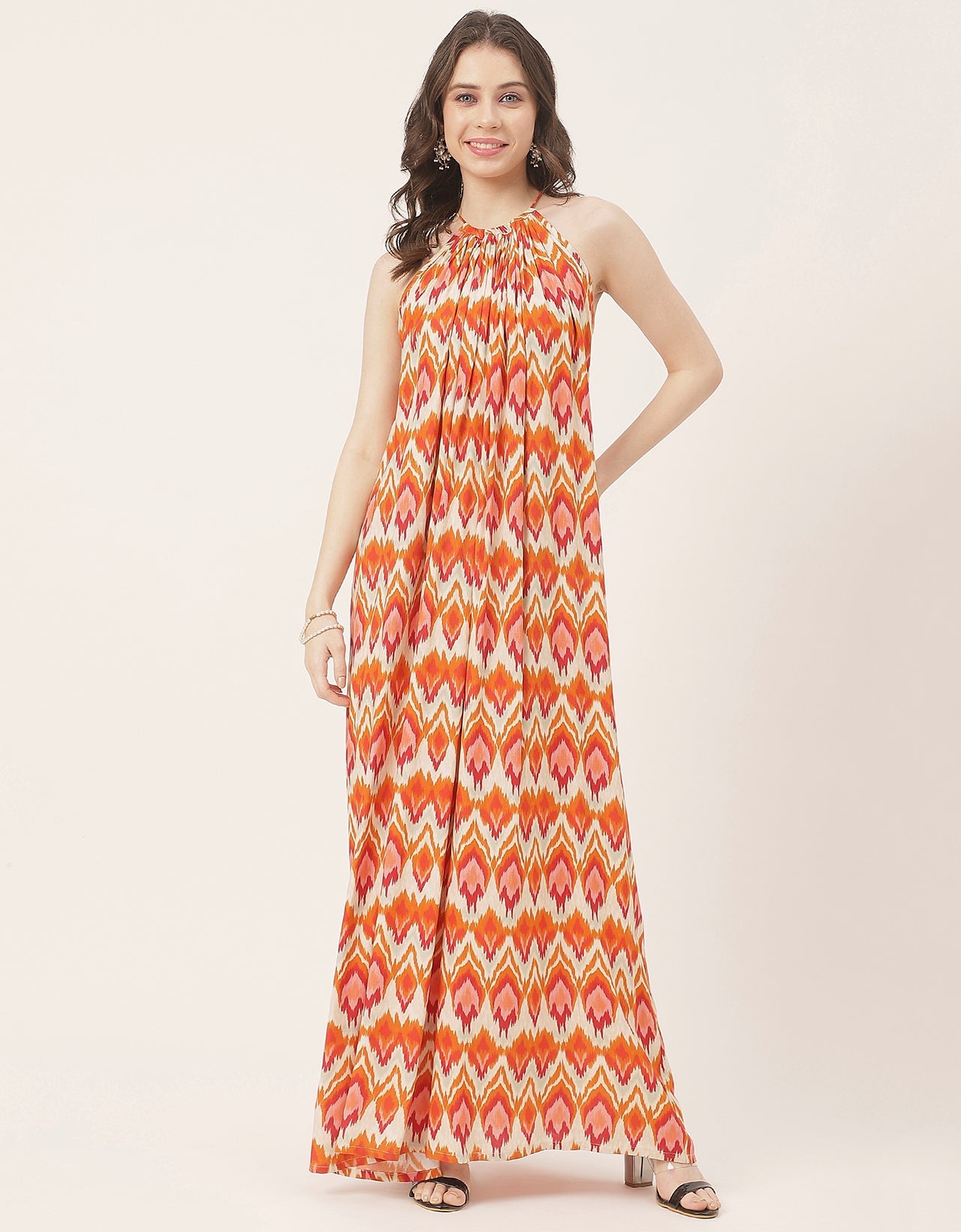 Stylish Sleeveless Ikat Halter Neck A-Line Rayon Dress