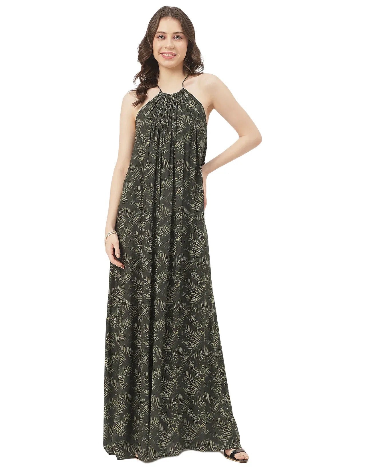 Stylish Sleeveless Ikat Halter Neck A-Line Rayon Dress