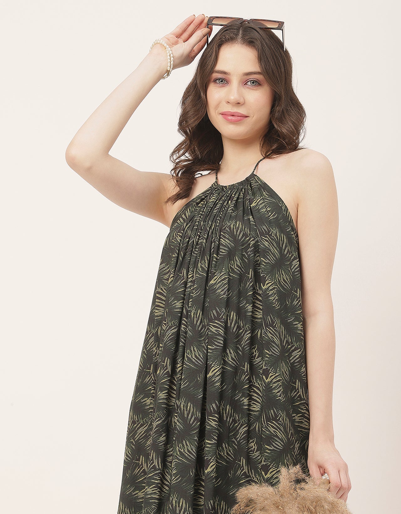 Stylish Sleeveless Ikat Halter Neck A-Line Rayon Dress