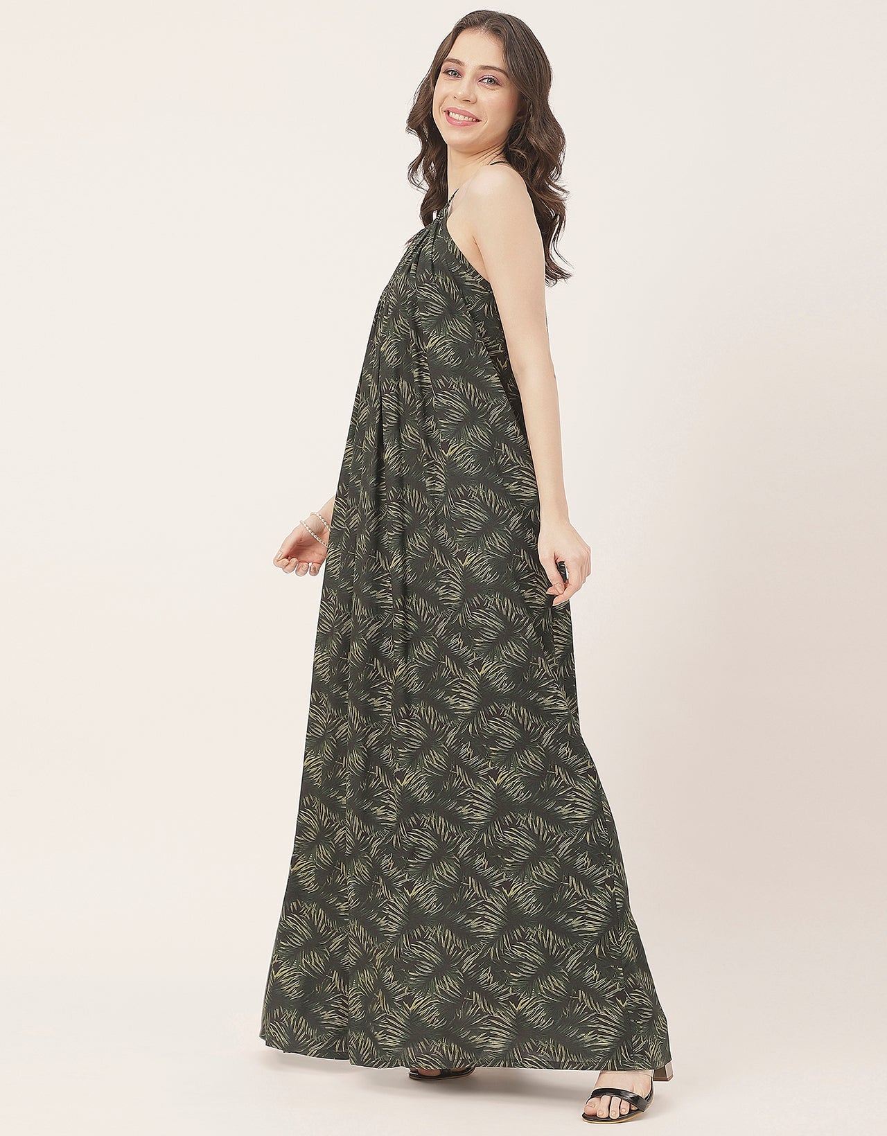 Stylish Sleeveless Ikat Halter Neck A-Line Rayon Dress
