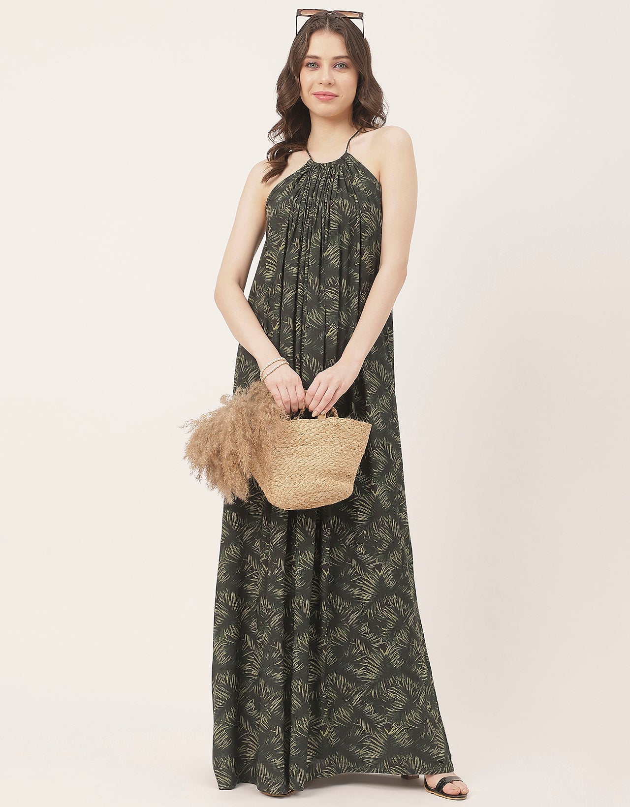 Stylish Sleeveless Ikat Halter Neck A-Line Rayon Dress