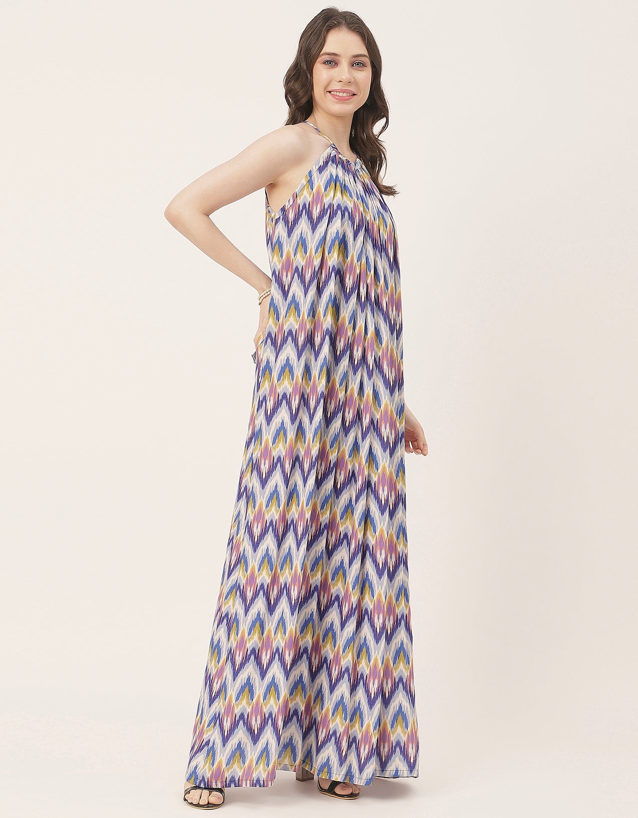Stylish Sleeveless Ikat Halter Neck A-Line Rayon Dress