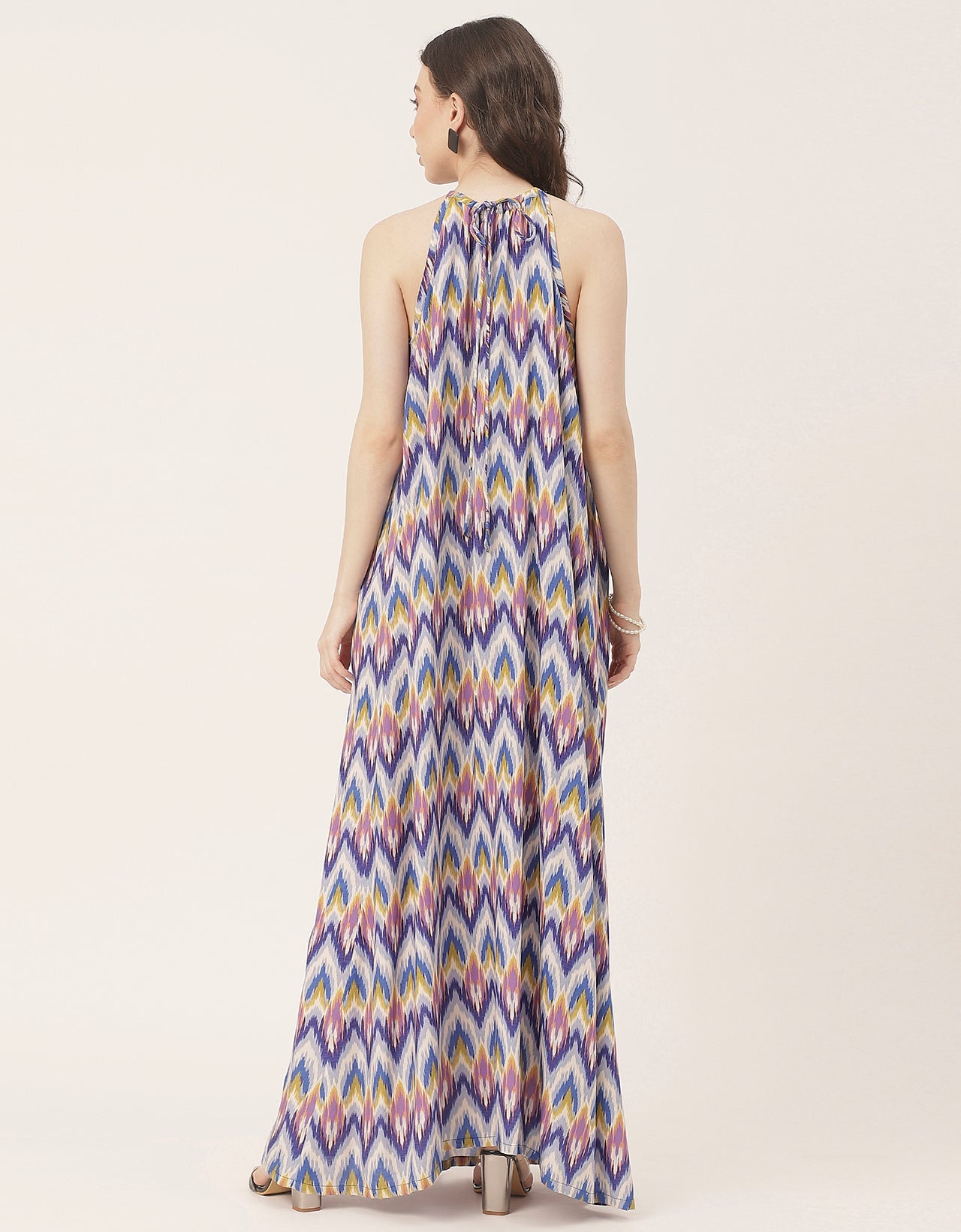 Stylish Sleeveless Ikat Halter Neck A-Line Rayon Dress