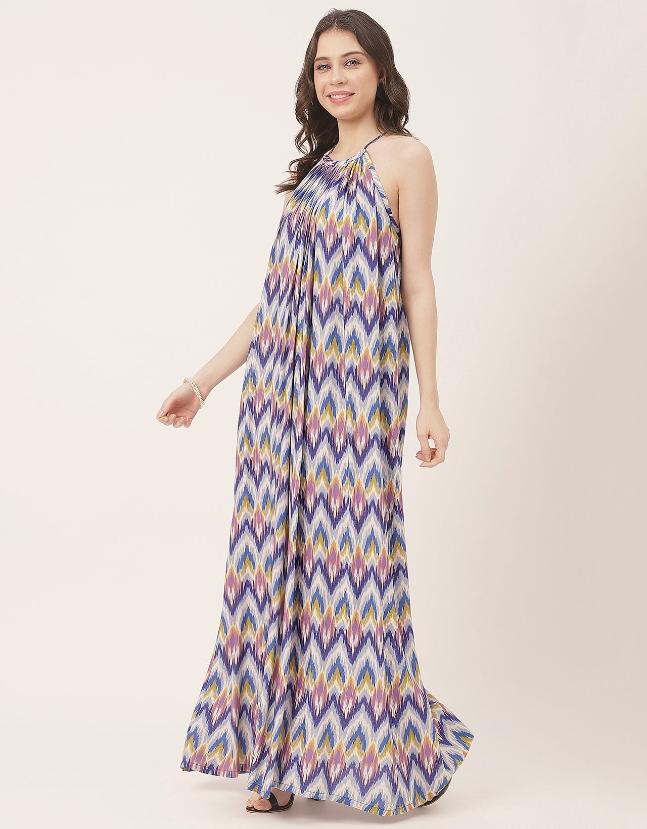 Stylish Sleeveless Ikat Halter Neck A-Line Rayon Dress