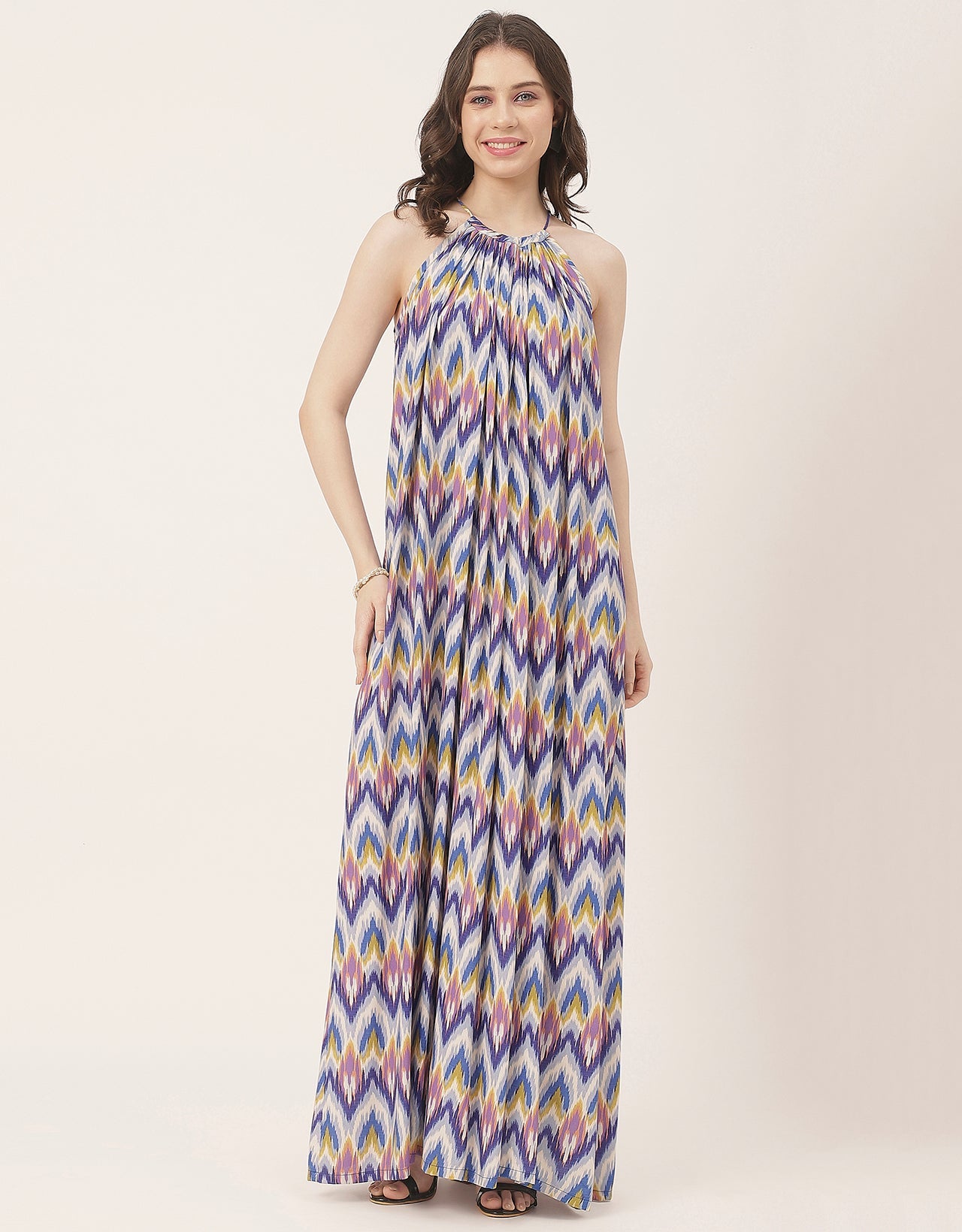 Stylish Sleeveless Ikat Halter Neck A-Line Rayon Dress