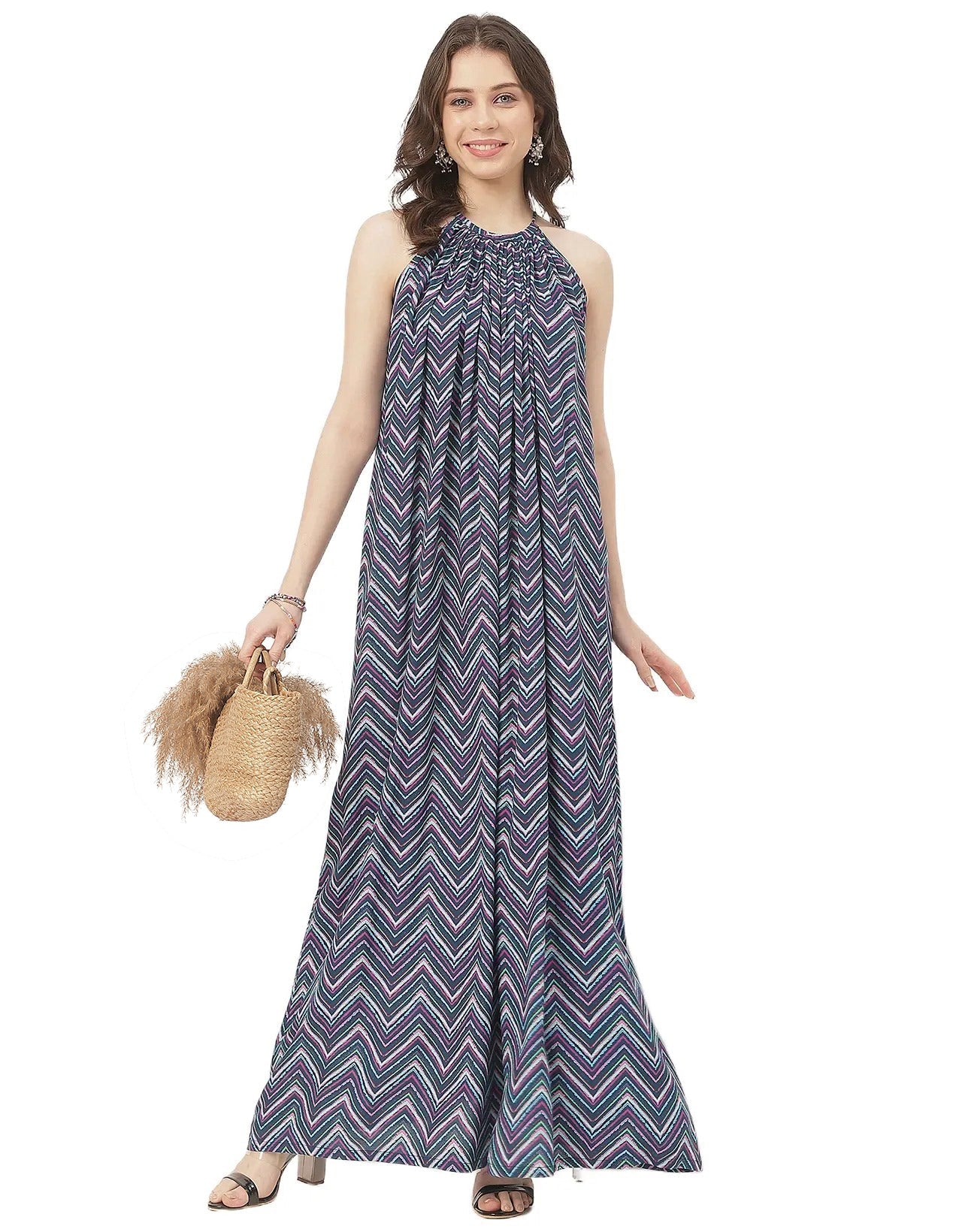 Stylish Sleeveless Ikat Halter Neck A-Line Rayon Dress
