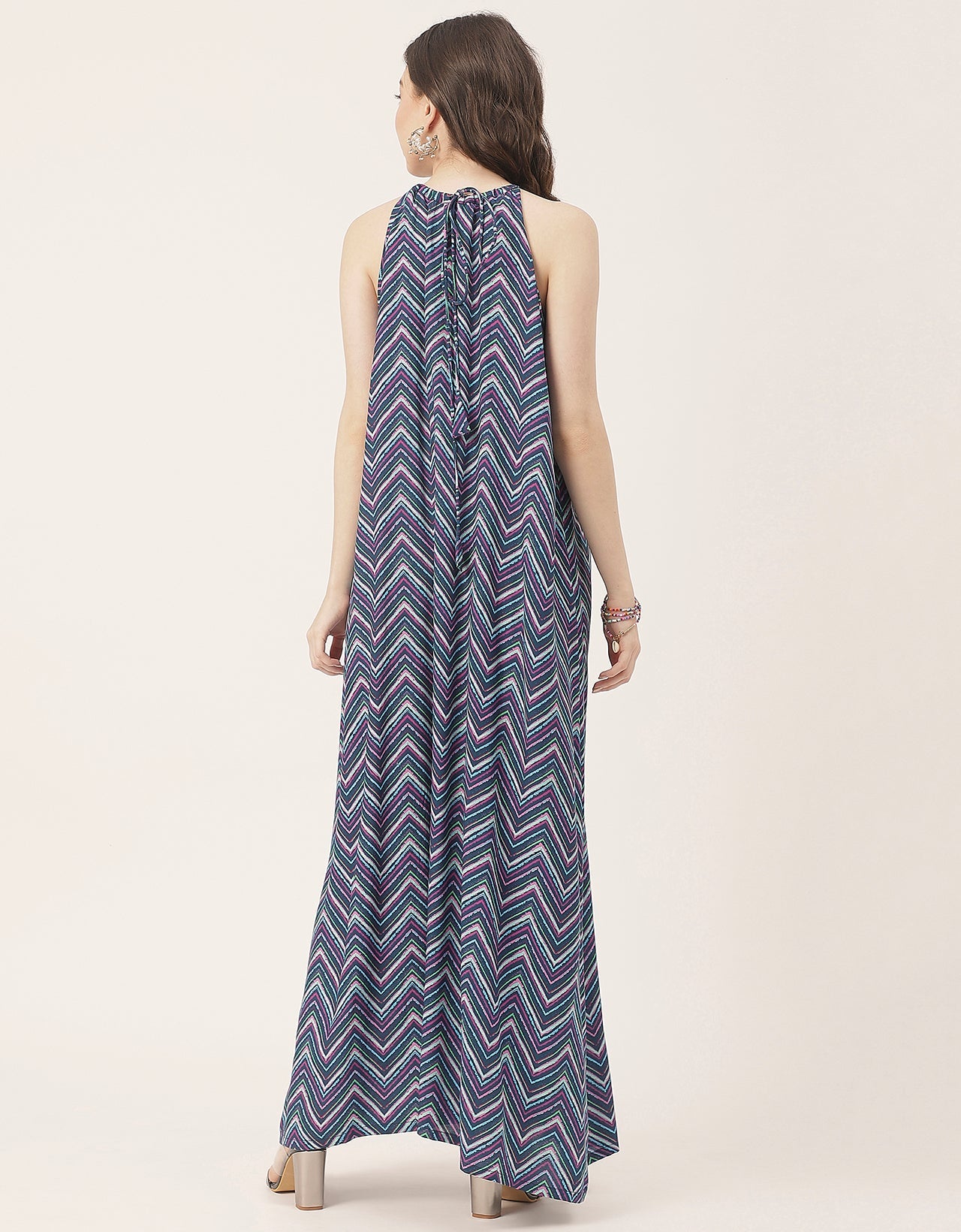 Stylish Sleeveless Ikat Halter Neck A-Line Rayon Dress