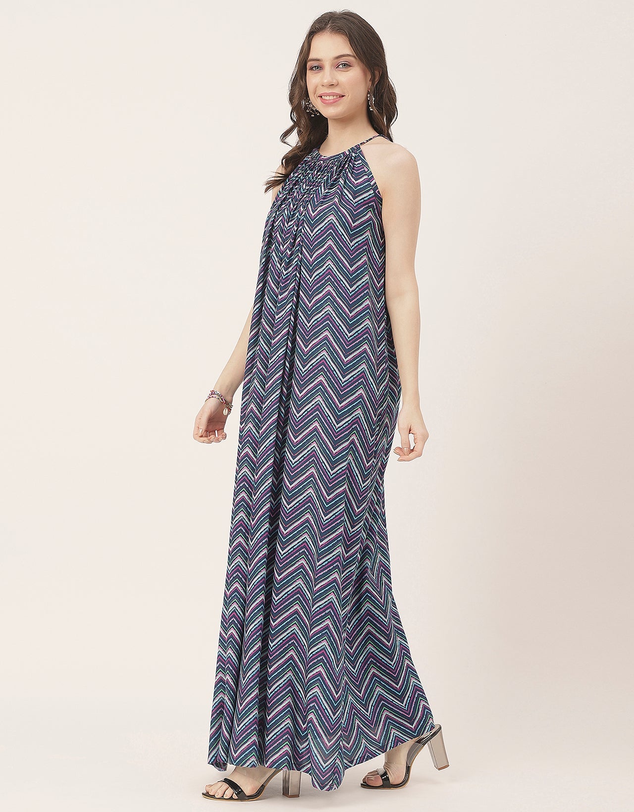 Stylish Sleeveless Ikat Halter Neck A-Line Rayon Dress