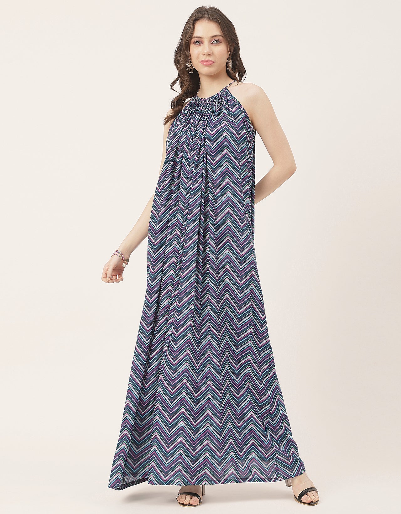 Stylish Sleeveless Ikat Halter Neck A-Line Rayon Dress