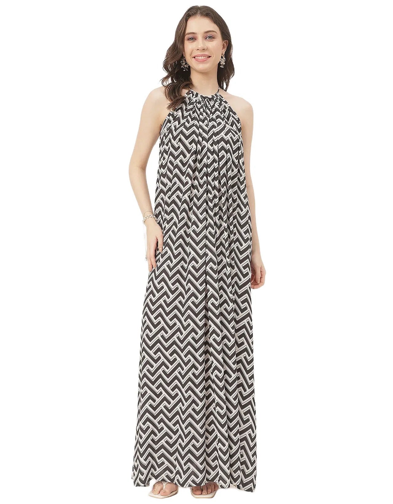 Stylish Sleeveless Ikat Halter Neck A-Line Rayon Dress
