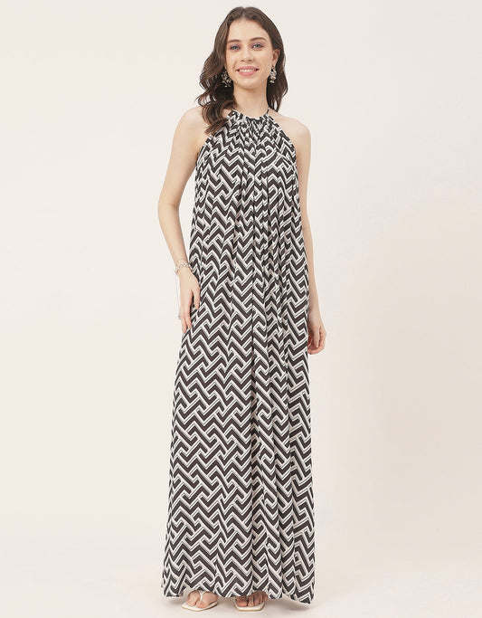 Stylish Sleeveless Ikat Halter Neck A-Line Rayon Dress