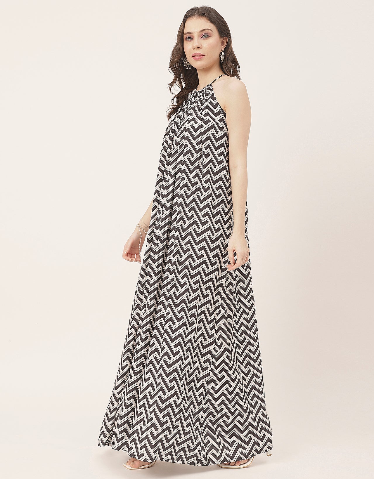 Stylish Sleeveless Ikat Halter Neck A-Line Rayon Dress