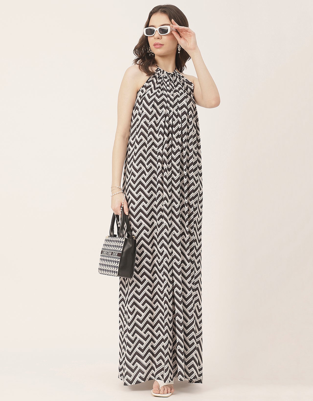 Stylish Sleeveless Ikat Halter Neck A-Line Rayon Dress