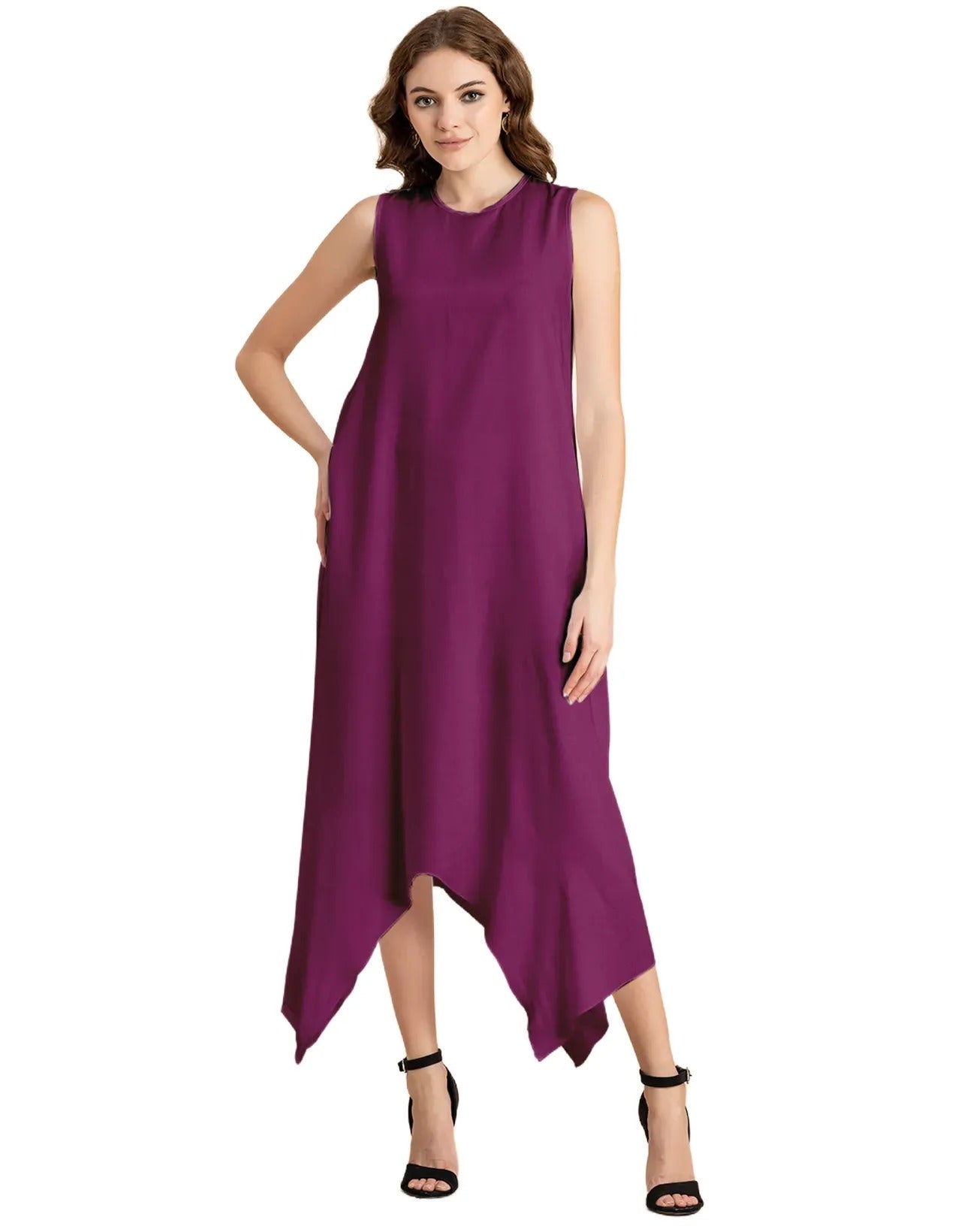 Contemporary Asymmetric Round Neck Solid Rayon Dress