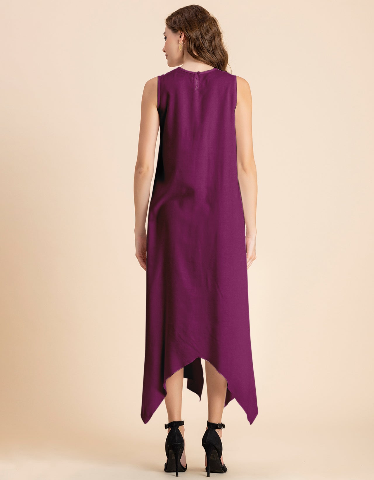 Contemporary Asymmetric Round Neck Solid Rayon Dress