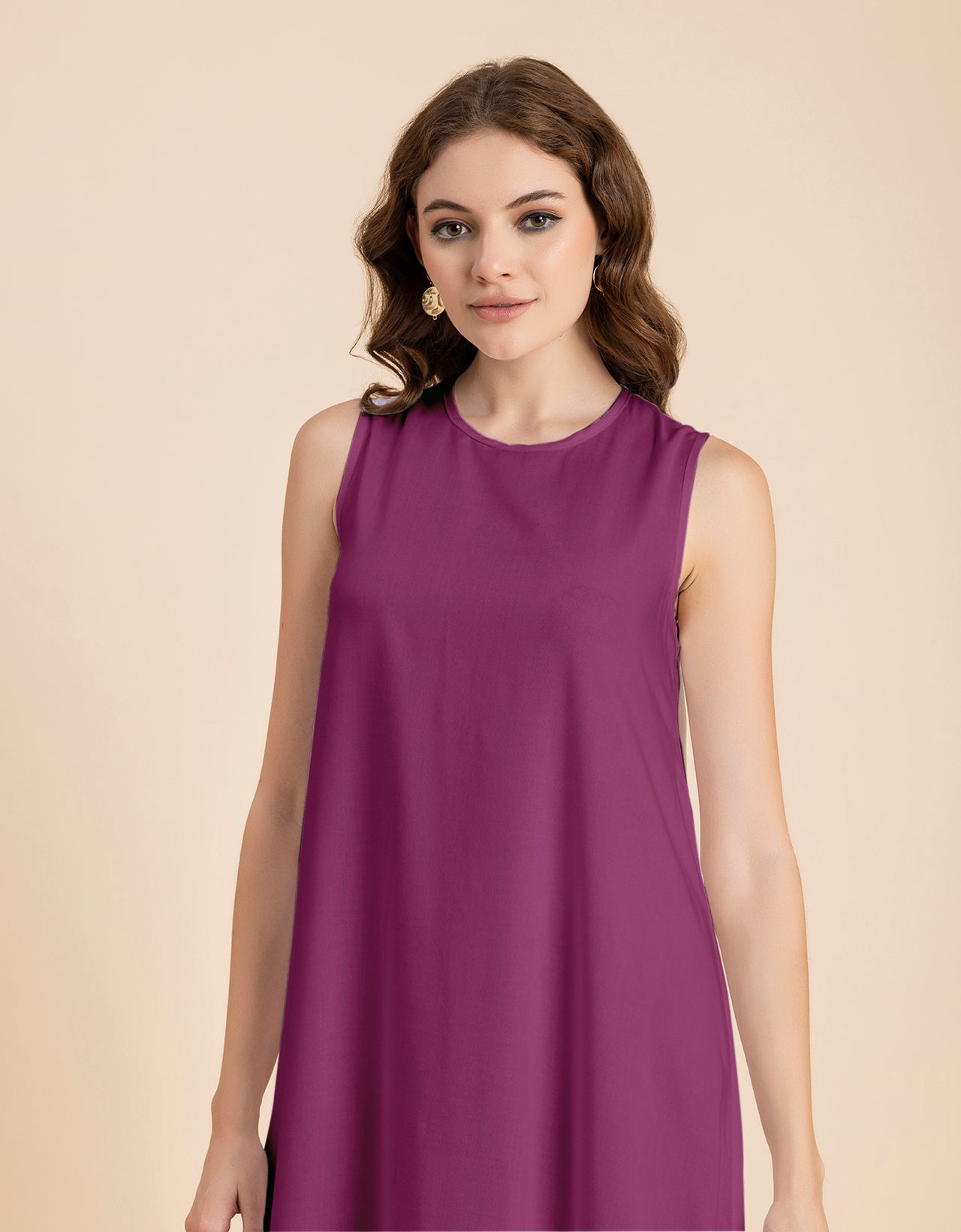 Contemporary Asymmetric Round Neck Solid Rayon Dress