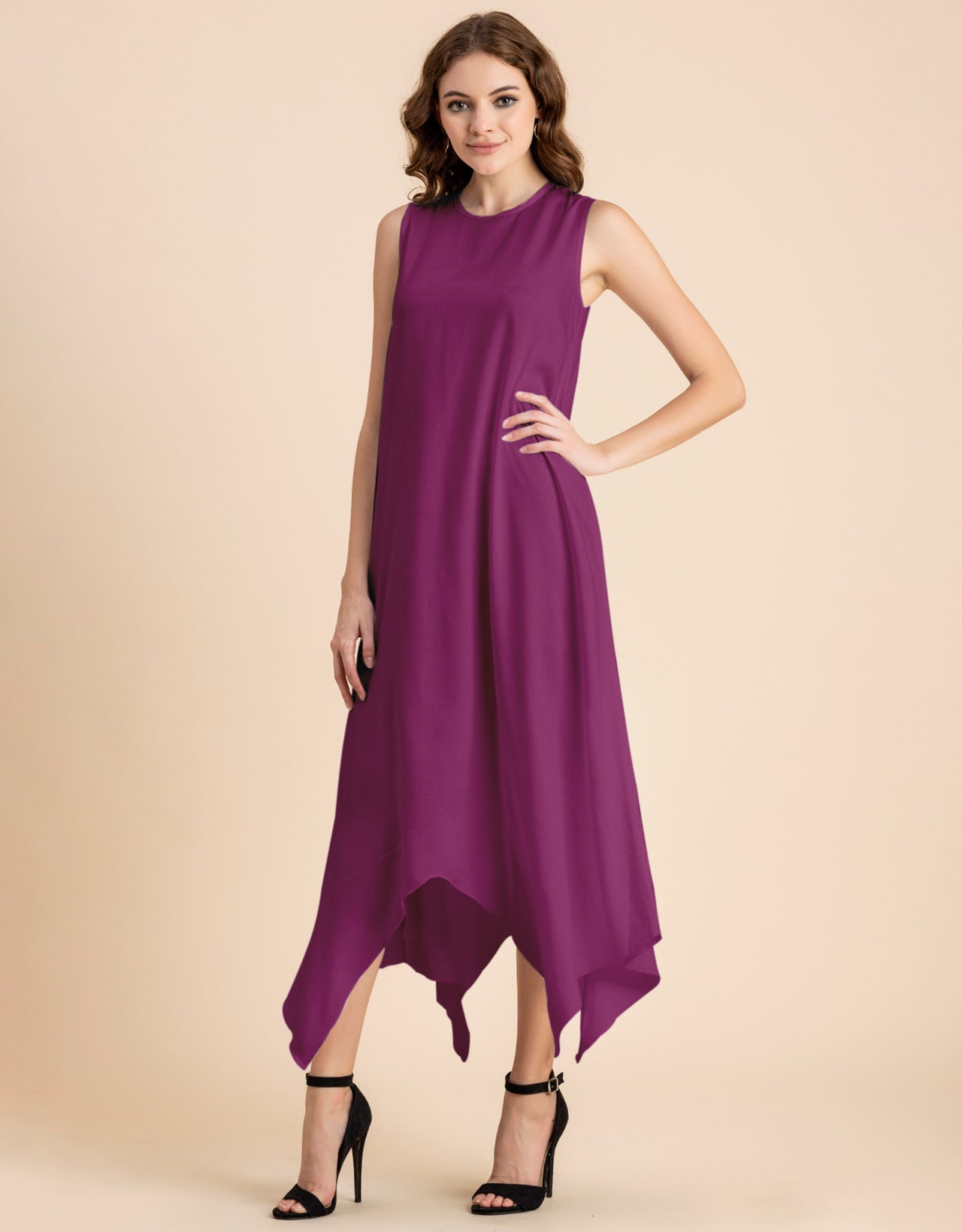 Contemporary Asymmetric Round Neck Solid Rayon Dress
