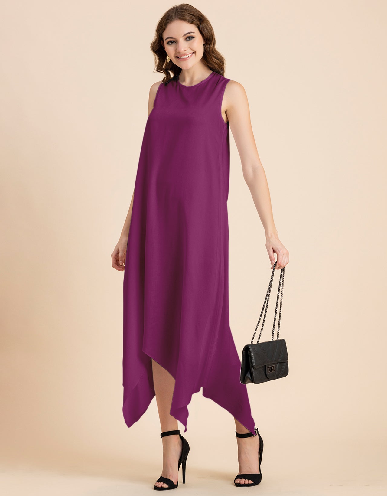 Contemporary Asymmetric Round Neck Solid Rayon Dress