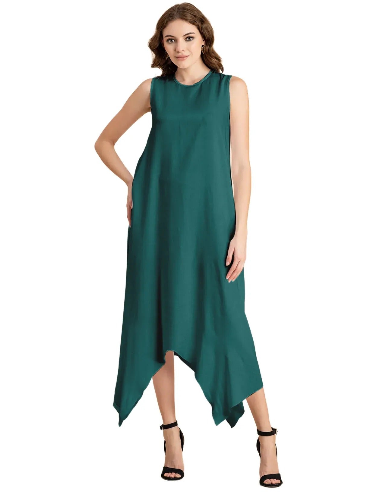 Contemporary Asymmetric Round Neck Solid Rayon Dress